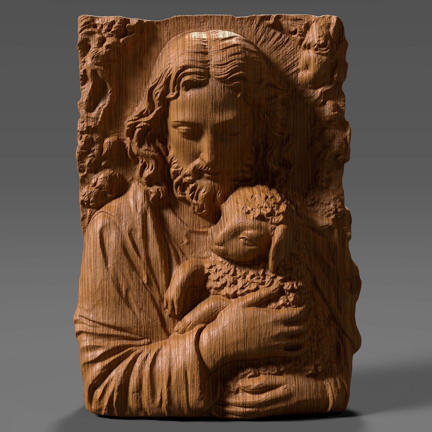 3D bas-relief carving of Jesus gently holding a lamb, surrounded by floral patterns. Ideal for CNC carving, 3D printing, or laser engraving. The artwork expresses compassion and faith, featuring intricate details in hair, wool, and flowers—suitable for wood, resin, or marble finishes. A spiritual and elegant design perfect for religious decor.