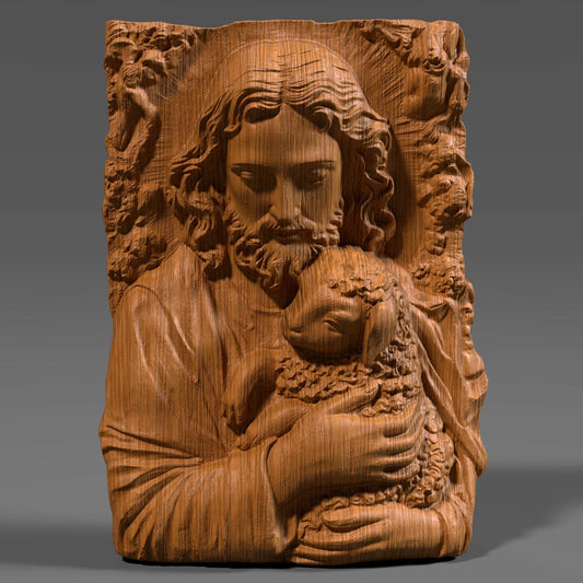3D bas-relief carving of Jesus gently holding a lamb, surrounded by floral patterns. Ideal for CNC carving, 3D printing, or laser engraving. The artwork expresses compassion and faith, featuring intricate details in hair, wool, and flowers—suitable for wood, resin, or marble finishes. A spiritual and elegant design perfect for religious decor.