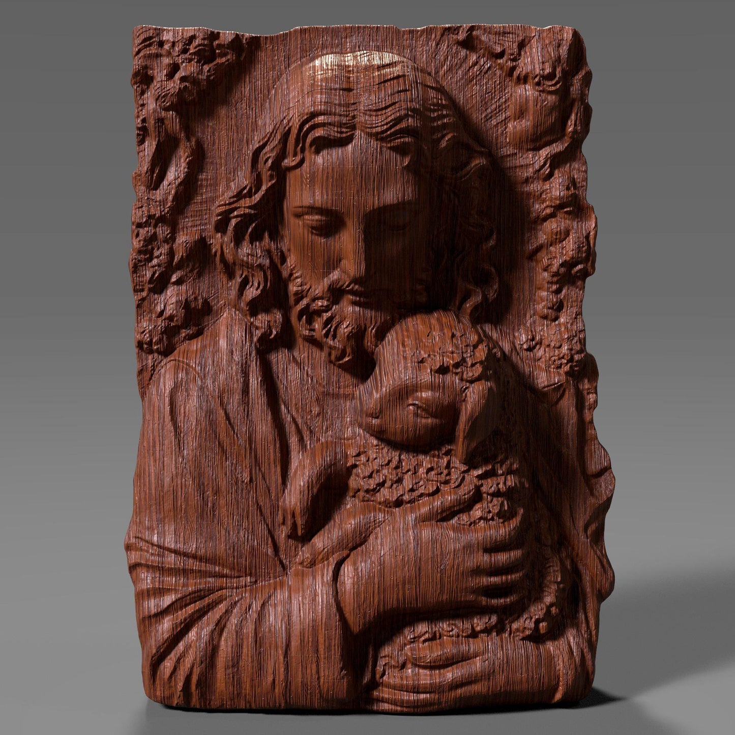 3D bas-relief carving of Jesus gently holding a lamb, surrounded by floral patterns. Ideal for CNC carving, 3D printing, or laser engraving. The artwork expresses compassion and faith, featuring intricate details in hair, wool, and flowers—suitable for wood, resin, or marble finishes. A spiritual and elegant design perfect for religious decor.