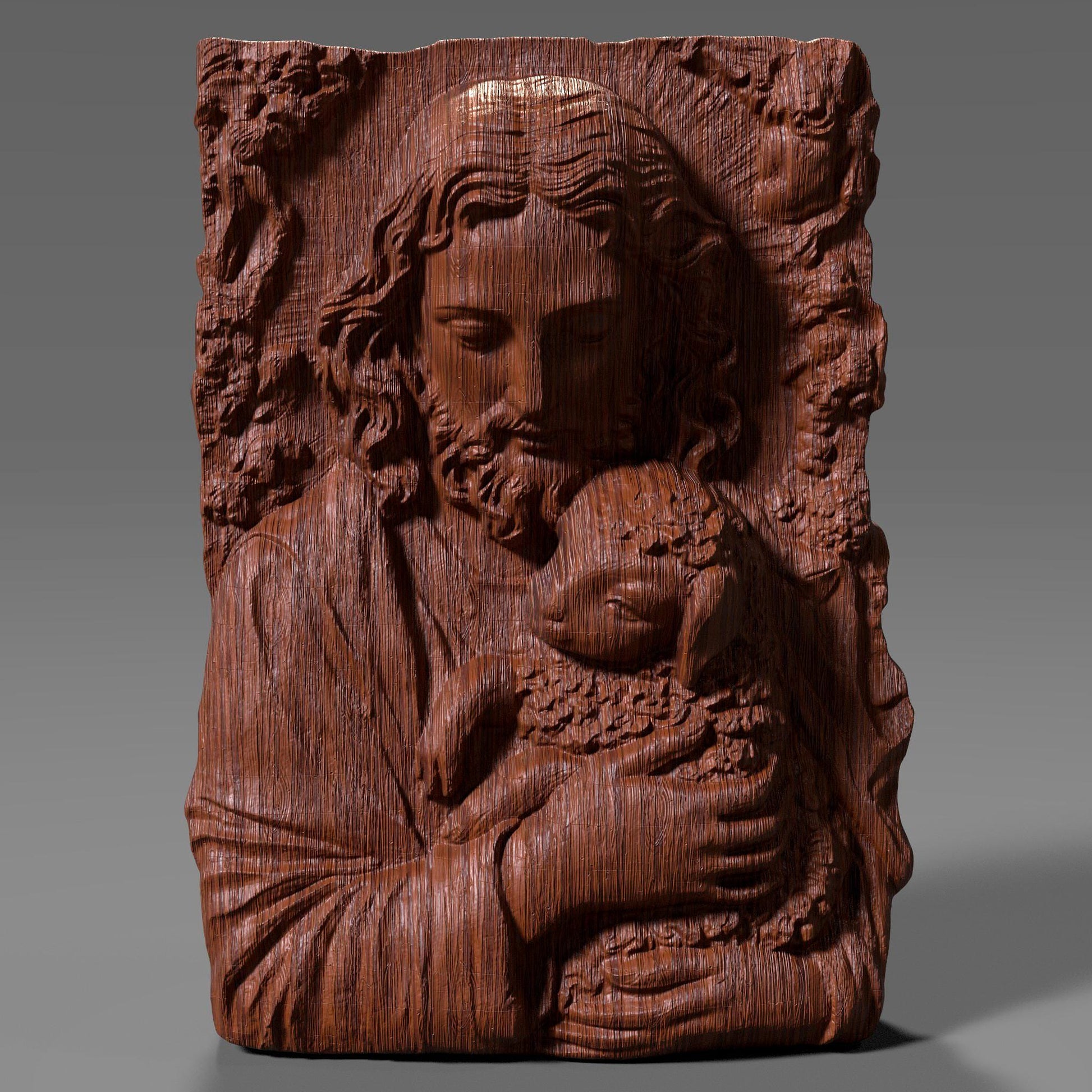 3D bas-relief carving of Jesus gently holding a lamb, surrounded by floral patterns. Ideal for CNC carving, 3D printing, or laser engraving. The artwork expresses compassion and faith, featuring intricate details in hair, wool, and flowers—suitable for wood, resin, or marble finishes. A spiritual and elegant design perfect for religious decor.