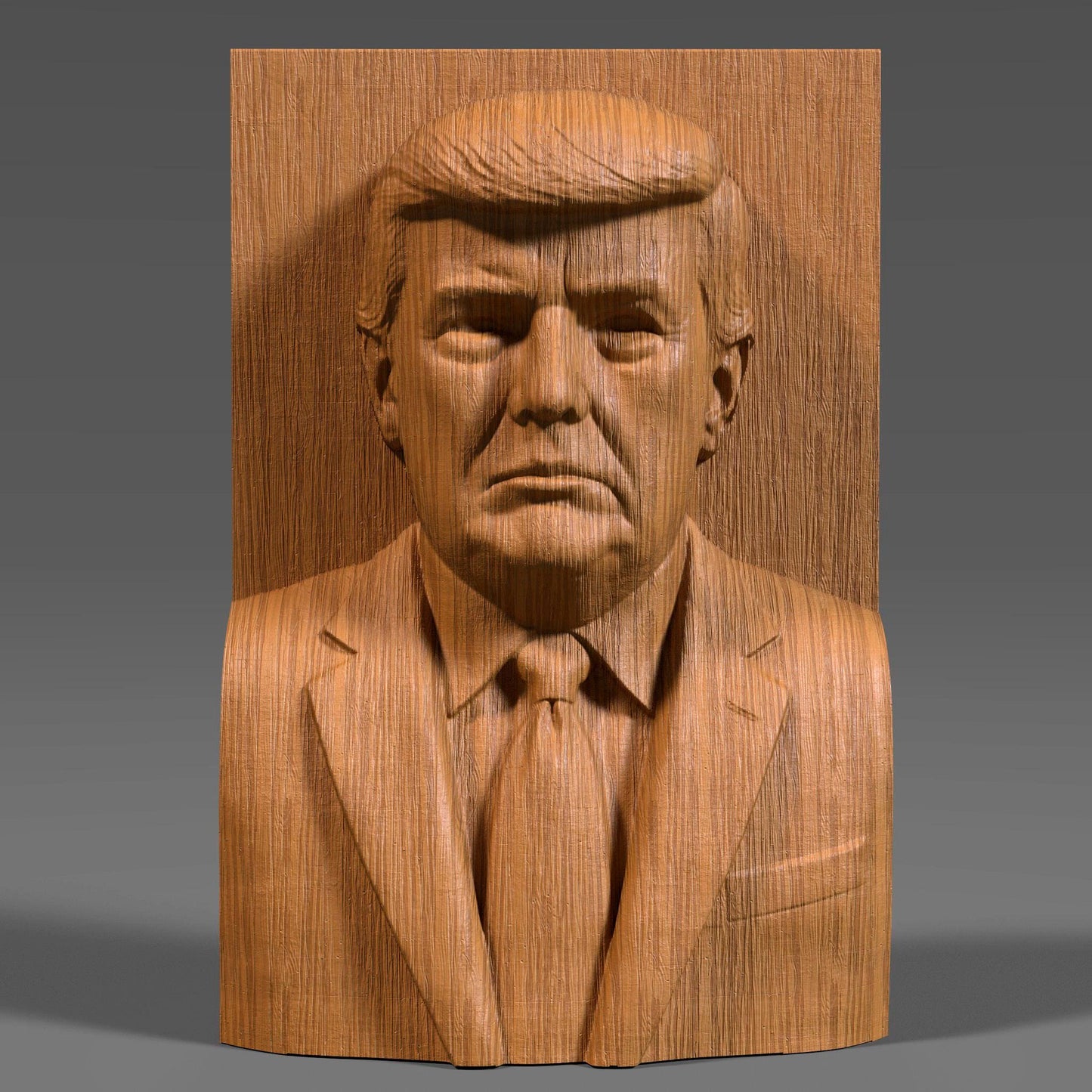 Detailed 3D STL bas relief of Donald Trump in a formal suit and tie, designed for CNC wood carving, 3D printing, and laser engraving. This presidential bust panel captures realistic features and expression, making it ideal for patriotic decor, political collections, or commemorative artwork. Suitable for use with wood, stone, or resin materials.