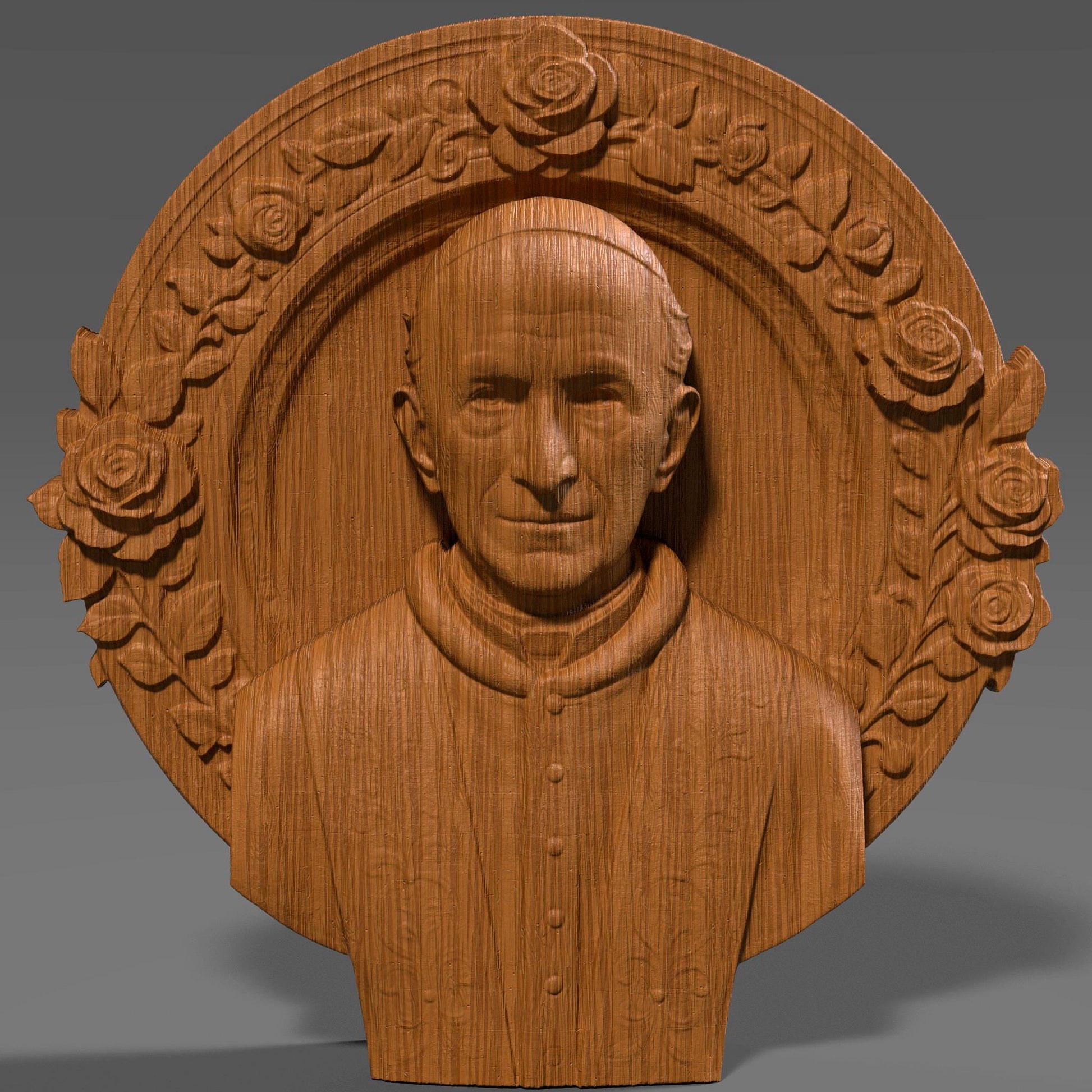Highly detailed 3D STL bas relief of Pope Leo XIII in religious vestments, surrounded by a floral halo frame. Ideal for CNC wood carving, laser engraving, and 3D printing. This Catholic spiritual design is perfect for sacred decor, altarpieces, or commemorative church gifts. Suitable for carving in wood, stone, resin, or acrylic. Ready for instant digital download.