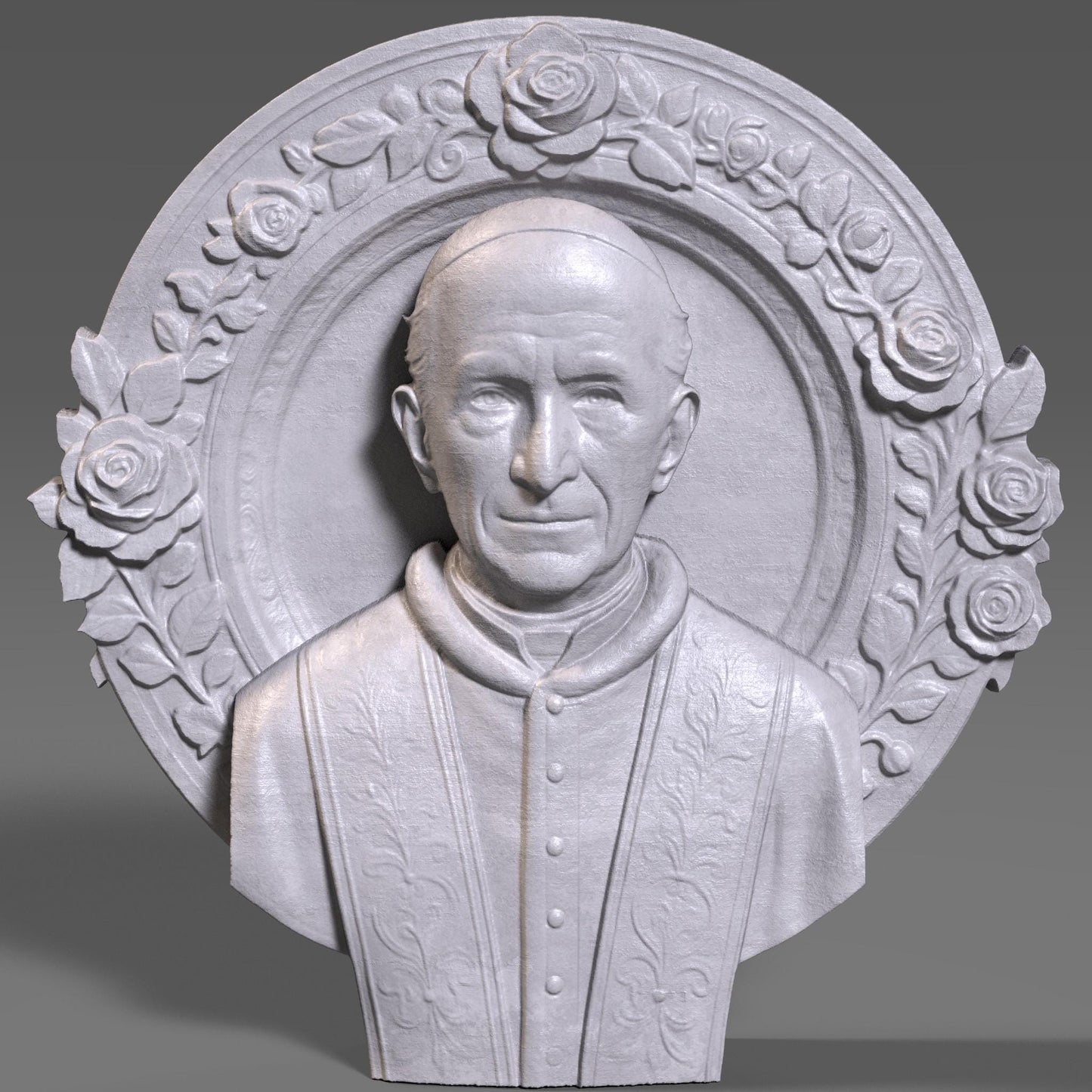 Highly detailed 3D STL bas relief of Pope Leo XIII in religious vestments, surrounded by a floral halo frame. Ideal for CNC wood carving, laser engraving, and 3D printing. This Catholic spiritual design is perfect for sacred decor, altarpieces, or commemorative church gifts. Suitable for carving in wood, stone, resin, or acrylic. Ready for instant digital download.