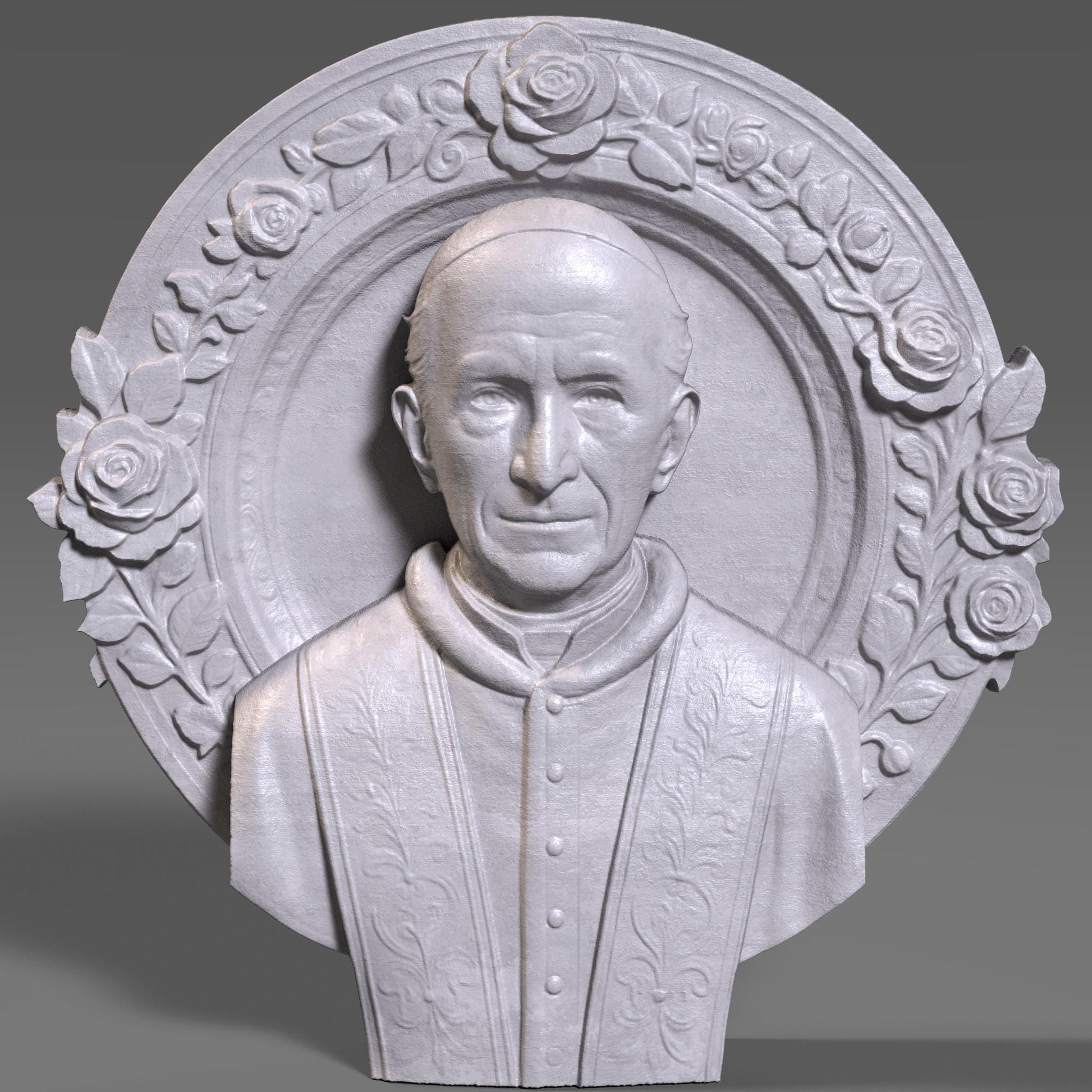 Highly detailed 3D STL bas relief of Pope Leo XIII in religious vestments, surrounded by a floral halo frame. Ideal for CNC wood carving, laser engraving, and 3D printing. This Catholic spiritual design is perfect for sacred decor, altarpieces, or commemorative church gifts. Suitable for carving in wood, stone, resin, or acrylic. Ready for instant digital download.