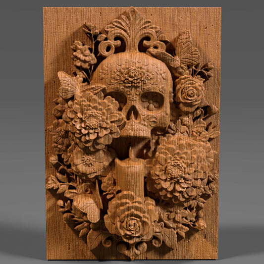3D STL bas relief of a sugar skull surrounded by detailed flowers, a candle, and butterflies. Inspired by Día de los Muertos traditions, this artwork is ideal for CNC carving, laser engraving, and 3D printing. Perfect for altars, memorials, or themed wall art. Designed for wood, resin, or acrylic material. A vibrant and spiritual piece celebrating life and remembrance.