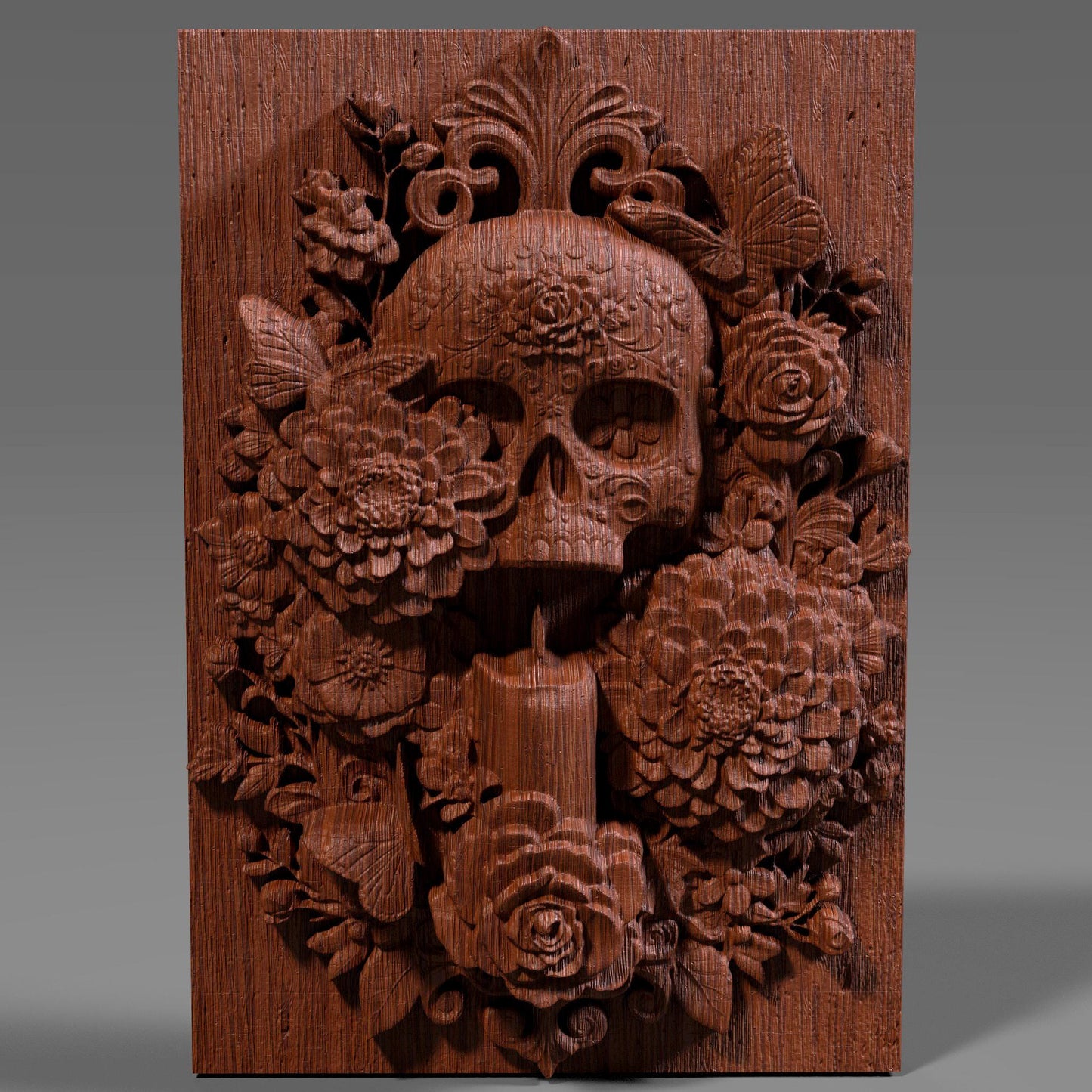 3D STL bas relief of a sugar skull surrounded by detailed flowers, a candle, and butterflies. Inspired by Día de los Muertos traditions, this artwork is ideal for CNC carving, laser engraving, and 3D printing. Perfect for altars, memorials, or themed wall art. Designed for wood, resin, or acrylic material. A vibrant and spiritual piece celebrating life and remembrance.