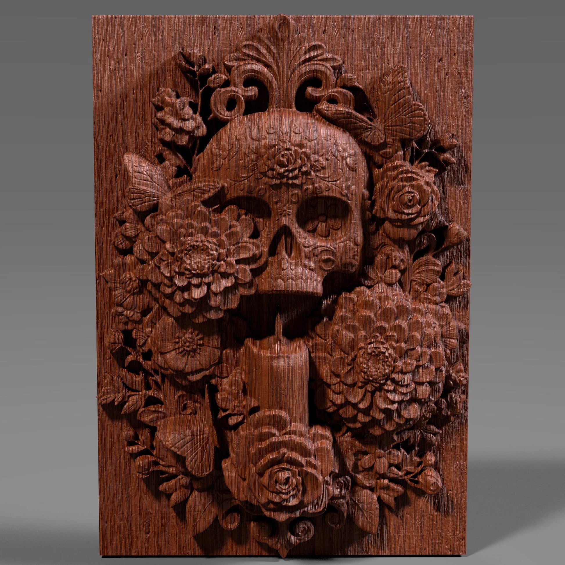 3D STL bas relief of a sugar skull surrounded by detailed flowers, a candle, and butterflies. Inspired by Día de los Muertos traditions, this artwork is ideal for CNC carving, laser engraving, and 3D printing. Perfect for altars, memorials, or themed wall art. Designed for wood, resin, or acrylic material. A vibrant and spiritual piece celebrating life and remembrance.