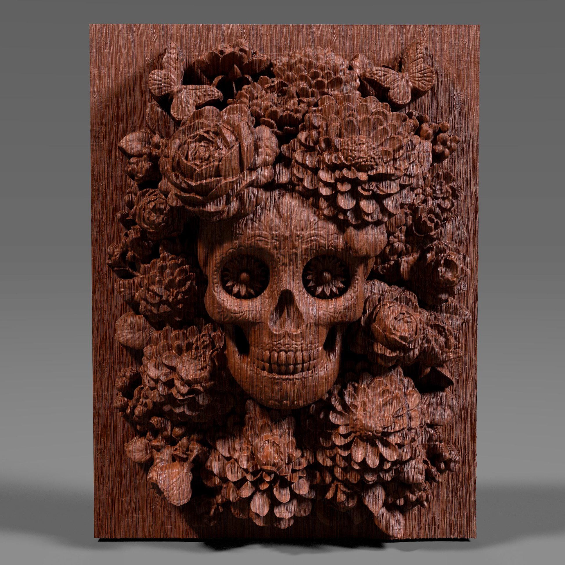 3D STL bas relief of a sugar skull surrounded by detailed flowers, a candle, and butterflies. Inspired by Día de los Muertos traditions, this artwork is ideal for CNC carving, laser engraving, and 3D printing. Perfect for altars, memorials, or themed wall art. Designed for wood, resin, or acrylic material. A vibrant and spiritual piece celebrating life and remembrance.