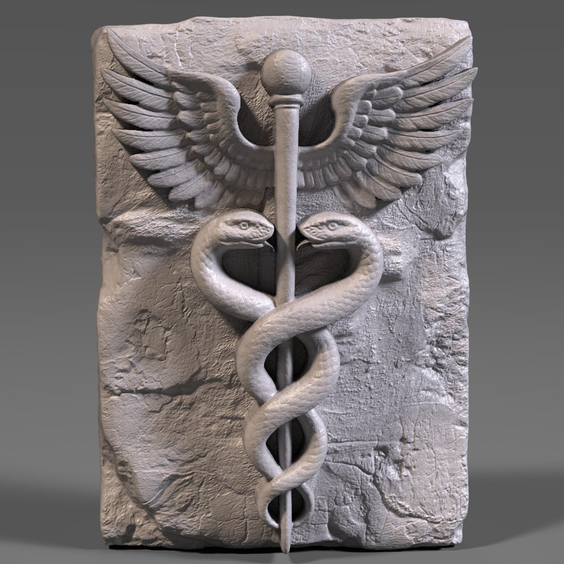 3D bas-relief carving of the Caduceus symbol featuring two snakes entwined around a staff with wings, engraved into a textured slab. Ideal for medical and nursing gifts, this digital file is perfect for CNC carving, laser engraving, and 3D printing. Great for hospitals, clinics, or graduation plaques for doctors and nurses.