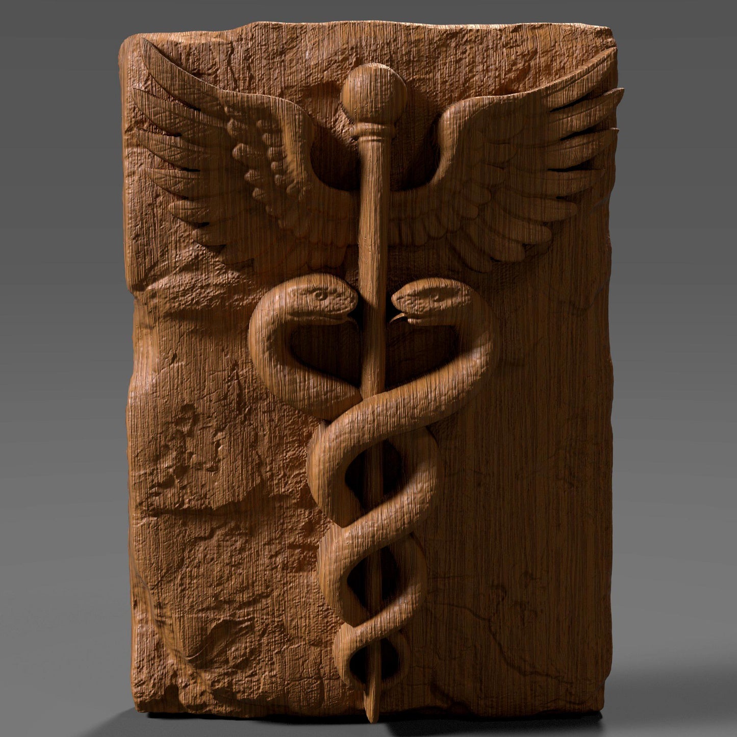 3D bas-relief carving of the Caduceus symbol featuring two snakes entwined around a staff with wings, engraved into a textured slab. Ideal for medical and nursing gifts, this digital file is perfect for CNC carving, laser engraving, and 3D printing. Great for hospitals, clinics, or graduation plaques for doctors and nurses.