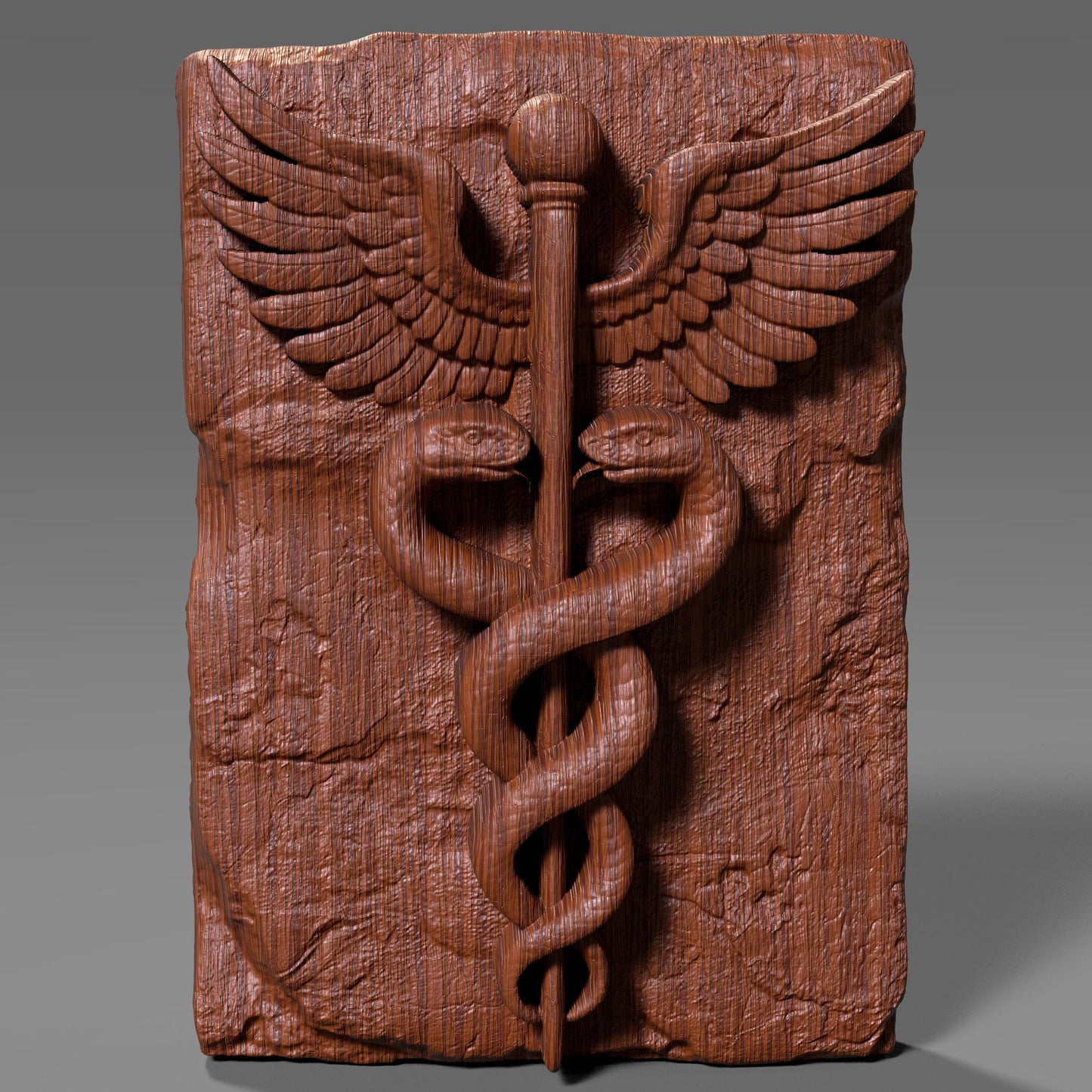 3D bas-relief carving of the Caduceus symbol featuring two snakes entwined around a staff with wings, engraved into a textured slab. Ideal for medical and nursing gifts, this digital file is perfect for CNC carving, laser engraving, and 3D printing. Great for hospitals, clinics, or graduation plaques for doctors and nurses.