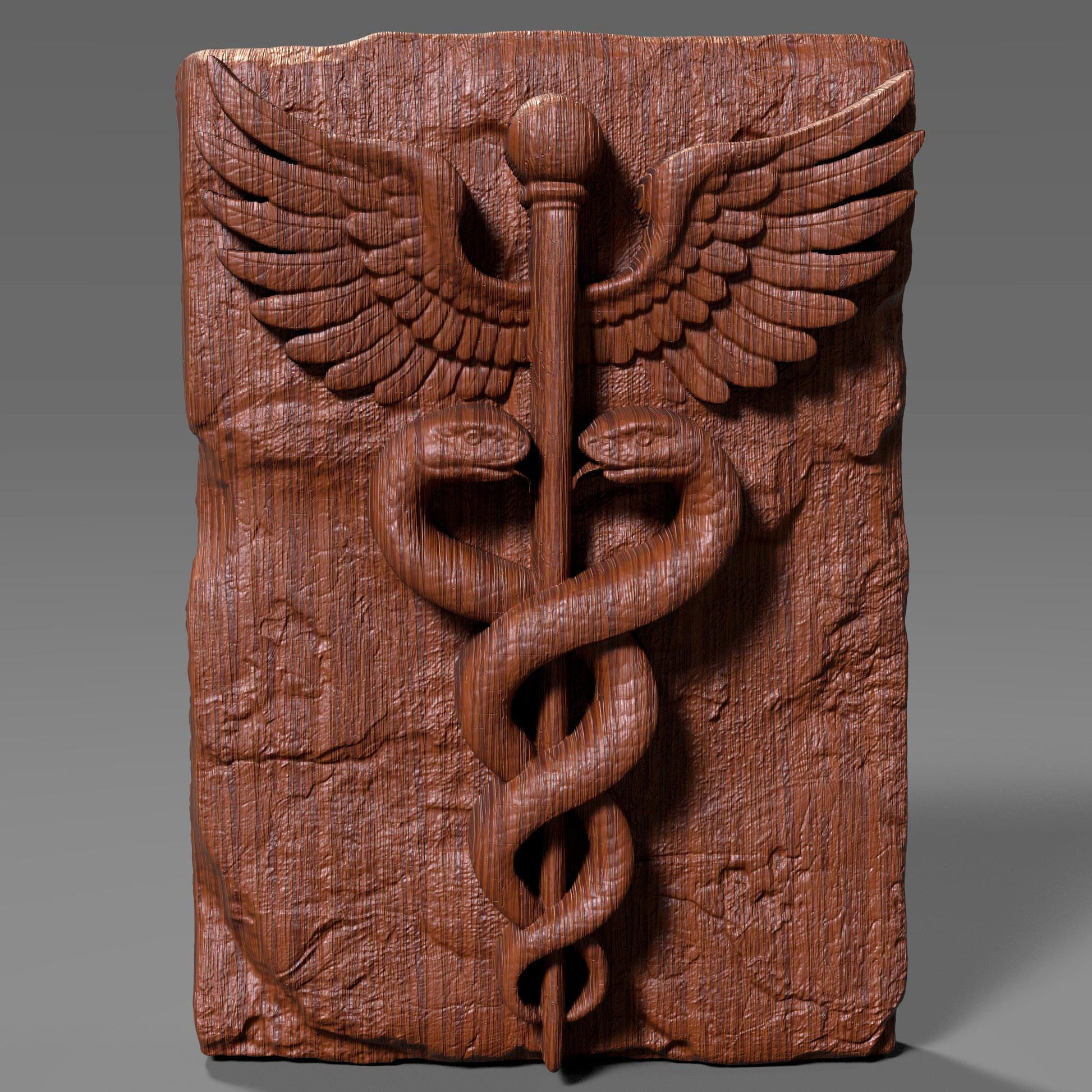 3D bas-relief carving of the Caduceus symbol featuring two snakes entwined around a staff with wings, engraved into a textured slab. Ideal for medical and nursing gifts, this digital file is perfect for CNC carving, laser engraving, and 3D printing. Great for hospitals, clinics, or graduation plaques for doctors and nurses.