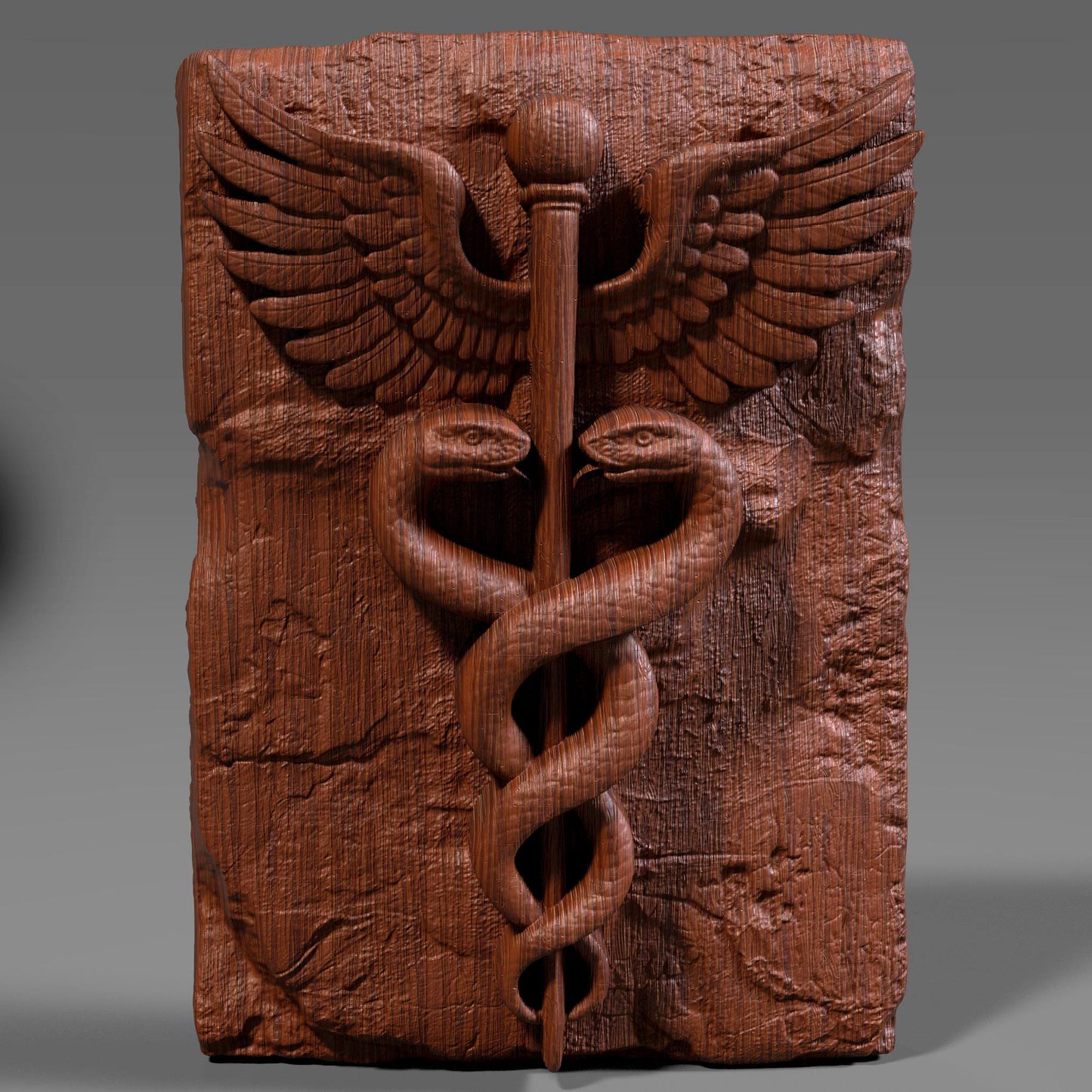 3D bas-relief carving of the Caduceus symbol featuring two snakes entwined around a staff with wings, engraved into a textured slab. Ideal for medical and nursing gifts, this digital file is perfect for CNC carving, laser engraving, and 3D printing. Great for hospitals, clinics, or graduation plaques for doctors and nurses.