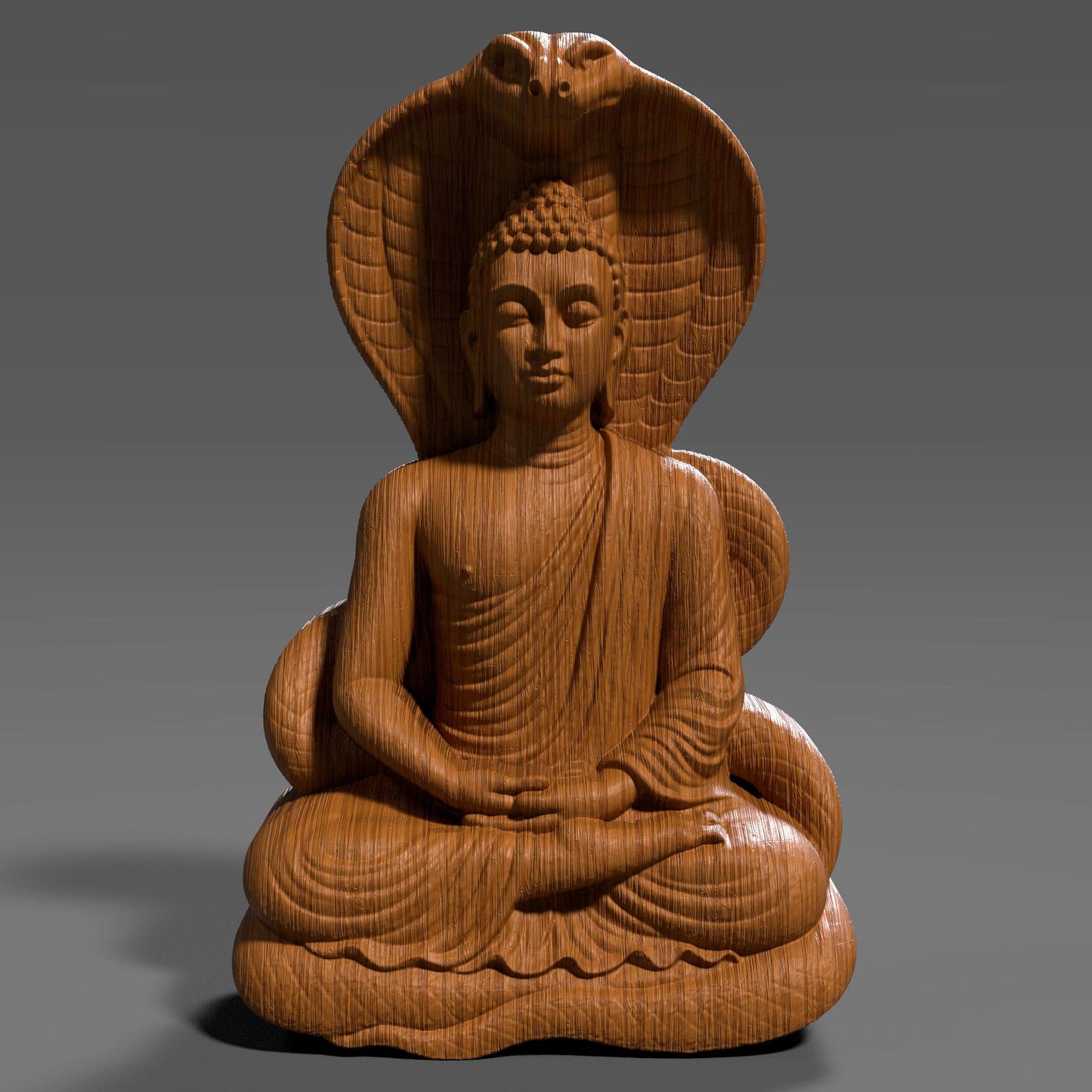 A 3D digital bas-relief sculpture of a meditating Buddha seated in lotus position under the protective hood of a Naga (cobra), symbolizing spiritual protection and inner peace. Carved in realistic wood grain texture, ideal for CNC carving, laser engraving, and 3D printing. A powerful symbol in Buddhist and Hindu traditions.