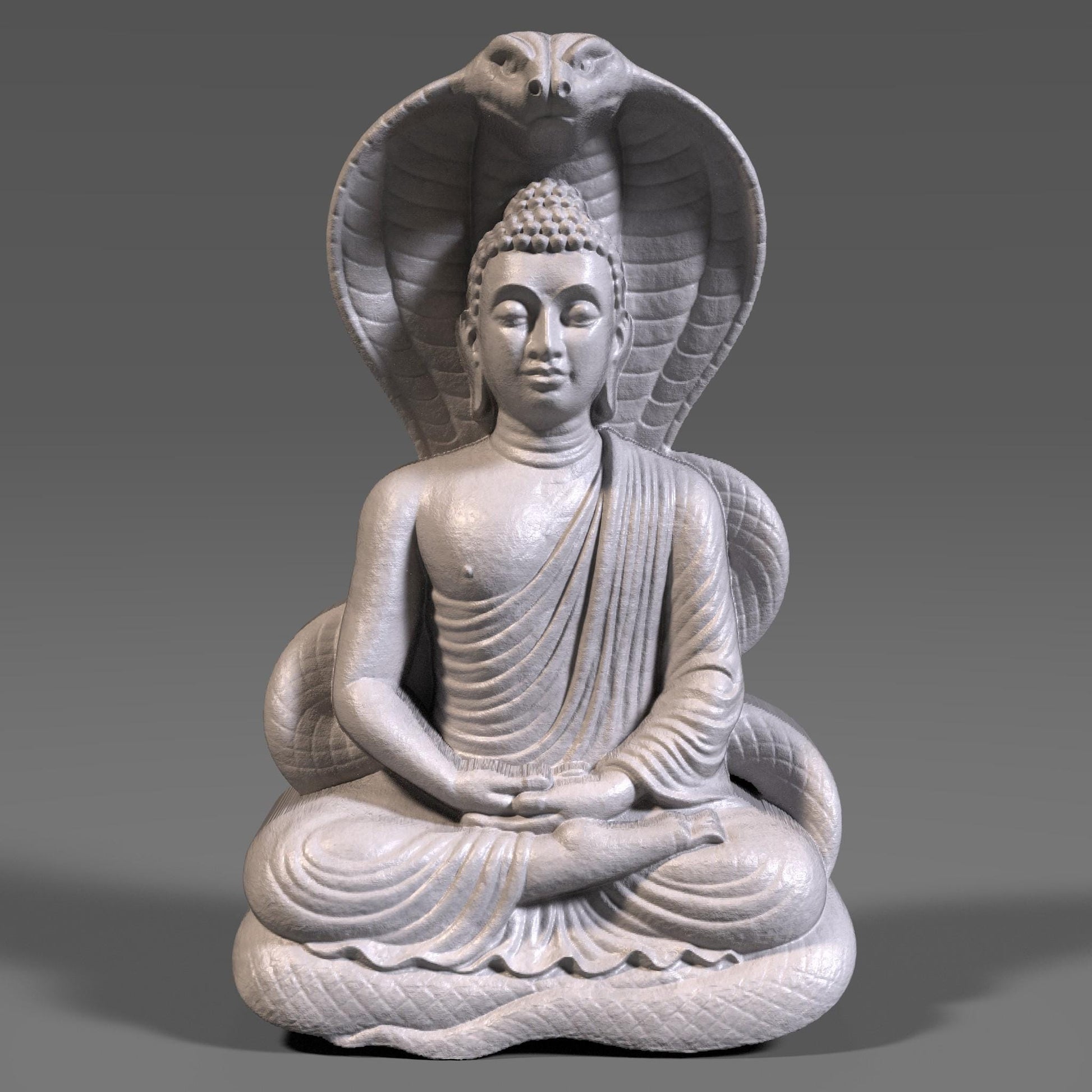 A 3D digital bas-relief sculpture of a meditating Buddha seated in lotus position under the protective hood of a Naga (cobra), symbolizing spiritual protection and inner peace. Carved in realistic wood grain texture, ideal for CNC carving, laser engraving, and 3D printing. A powerful symbol in Buddhist and Hindu traditions.