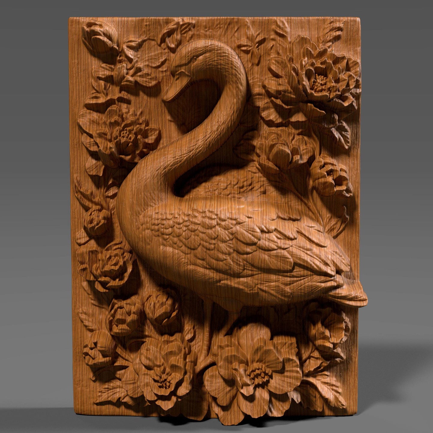 A detailed 3D bas-relief sculpture featuring a graceful swan surrounded by lush tropical flowers and leaves, reminiscent of peonies or hibiscus. The swan is elegantly curved, with finely sculpted feathers, framed by blooming floral elements that evoke a serene summer or beachside setting. Designed for CNC carving, laser engraving, or 3D printing in wood or resin. Perfect for tropical-themed wall decor, summer gifts, or exotic nature-inspired art panels.