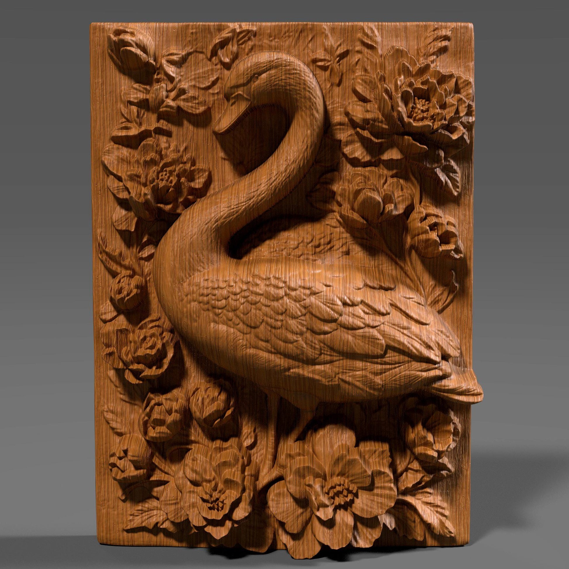 A detailed 3D bas-relief sculpture featuring a graceful swan surrounded by lush tropical flowers and leaves, reminiscent of peonies or hibiscus. The swan is elegantly curved, with finely sculpted feathers, framed by blooming floral elements that evoke a serene summer or beachside setting. Designed for CNC carving, laser engraving, or 3D printing in wood or resin. Perfect for tropical-themed wall decor, summer gifts, or exotic nature-inspired art panels.