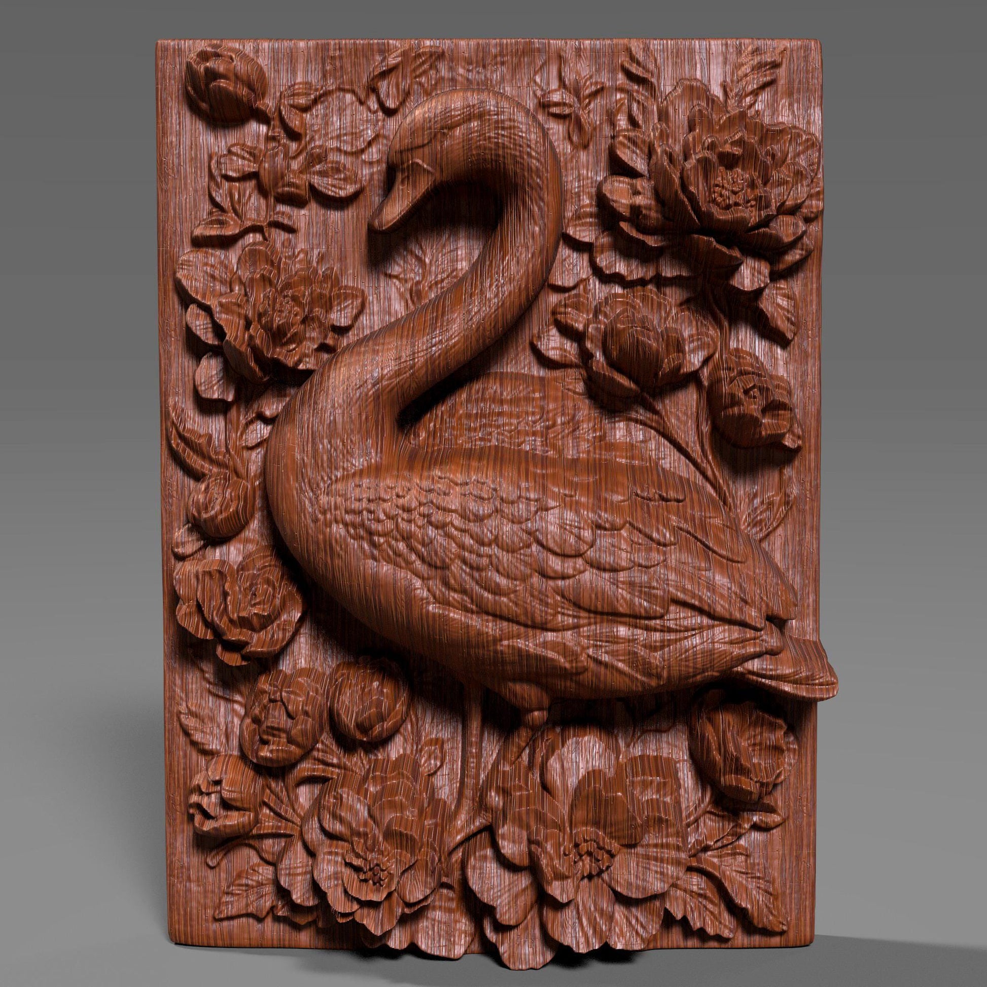 A detailed 3D bas-relief sculpture featuring a graceful swan surrounded by lush tropical flowers and leaves, reminiscent of peonies or hibiscus. The swan is elegantly curved, with finely sculpted feathers, framed by blooming floral elements that evoke a serene summer or beachside setting. Designed for CNC carving, laser engraving, or 3D printing in wood or resin. Perfect for tropical-themed wall decor, summer gifts, or exotic nature-inspired art panels.
