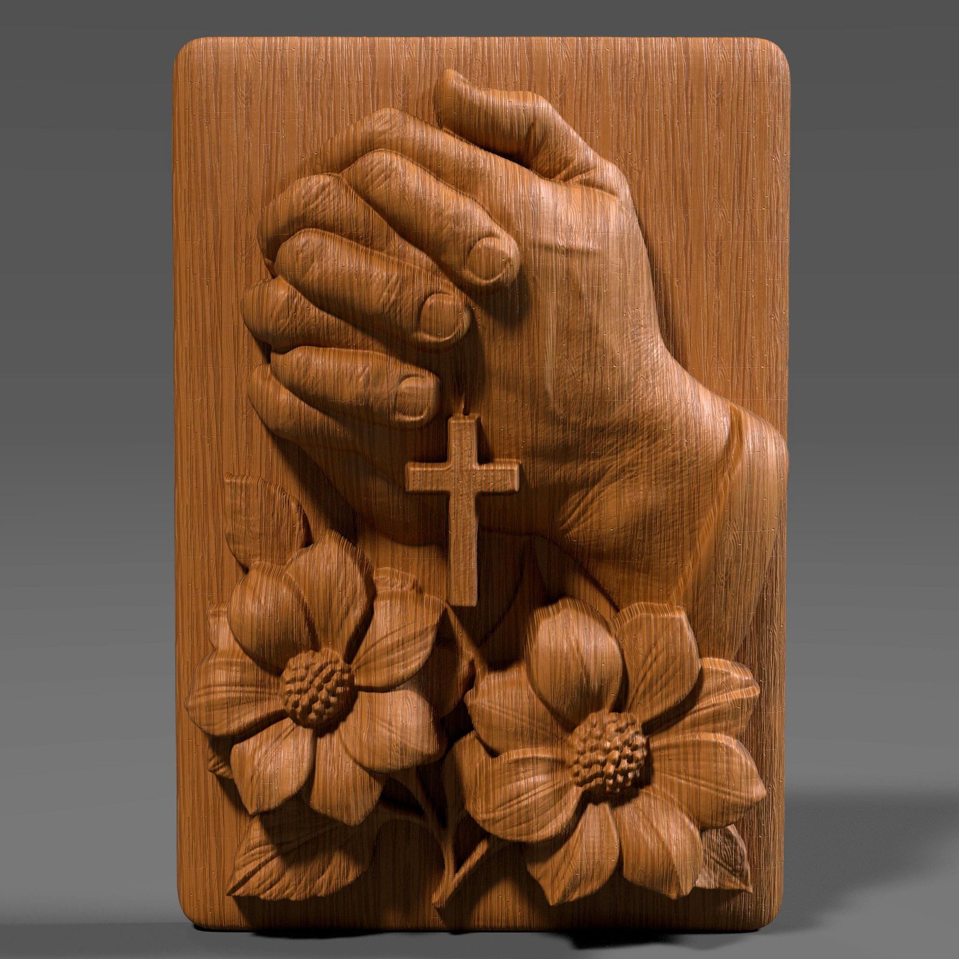 A 3D digital bas-relief sculpture of two hands clasped in prayer, holding a cross pendant, surrounded by beautifully detailed blooming flowers. The piece symbolizes faith, hope, and devotion. Designed with soft curves and natural textures, it's ideal for CNC carving, laser engraving, or 3D printing in wood, resin, or stone. Perfect for religious wall decor, Christian gifts, or memorial plaques that bring peace and inspiration to any space.