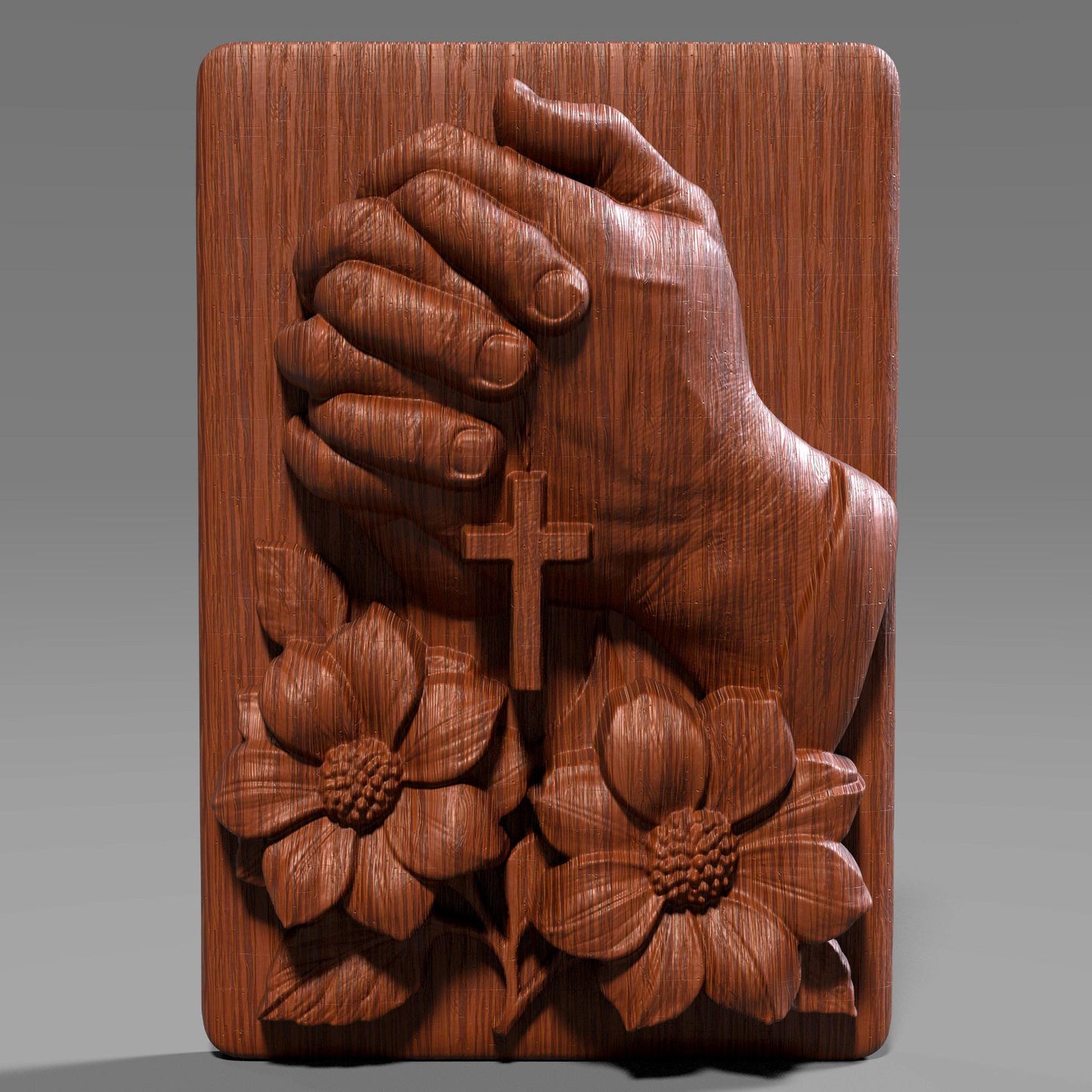 A 3D digital bas-relief sculpture of two hands clasped in prayer, holding a cross pendant, surrounded by beautifully detailed blooming flowers. The piece symbolizes faith, hope, and devotion. Designed with soft curves and natural textures, it's ideal for CNC carving, laser engraving, or 3D printing in wood, resin, or stone. Perfect for religious wall decor, Christian gifts, or memorial plaques that bring peace and inspiration to any space.