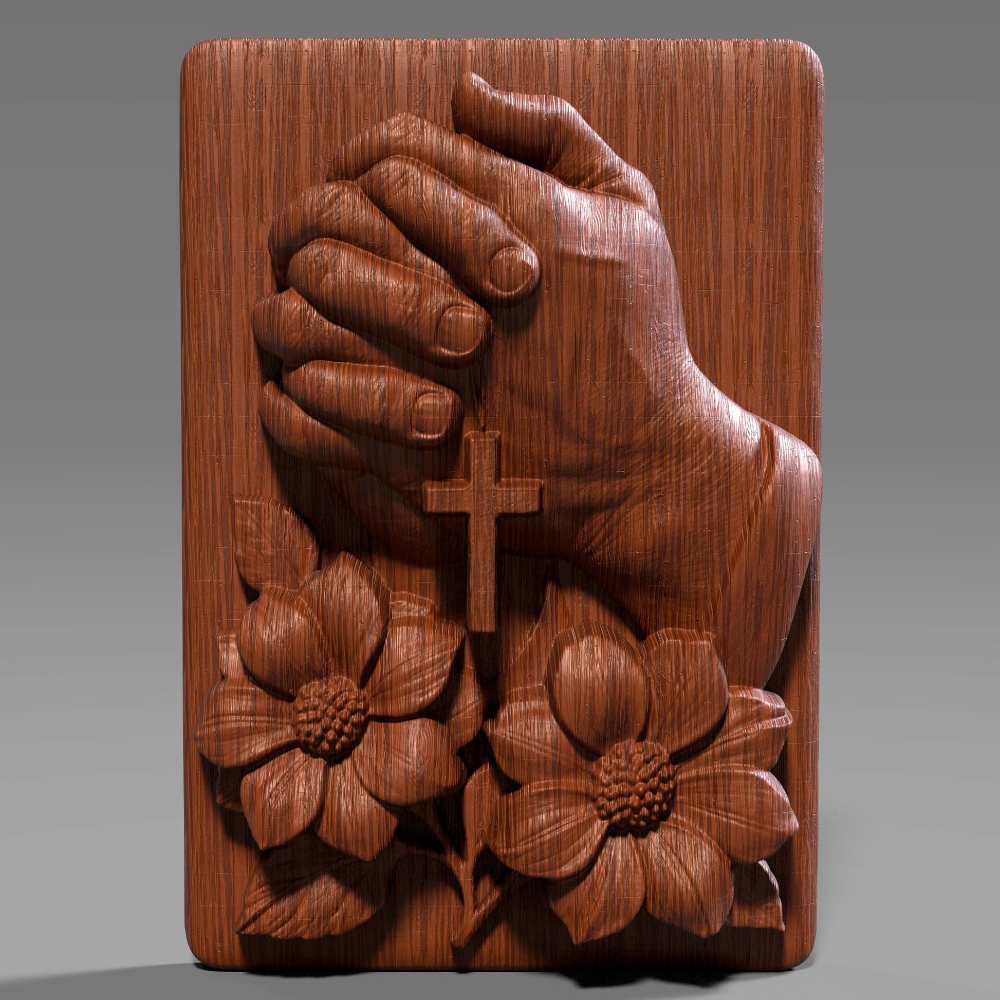A 3D digital bas-relief sculpture of two hands clasped in prayer, holding a cross pendant, surrounded by beautifully detailed blooming flowers. The piece symbolizes faith, hope, and devotion. Designed with soft curves and natural textures, it's ideal for CNC carving, laser engraving, or 3D printing in wood, resin, or stone. Perfect for religious wall decor, Christian gifts, or memorial plaques that bring peace and inspiration to any space.
