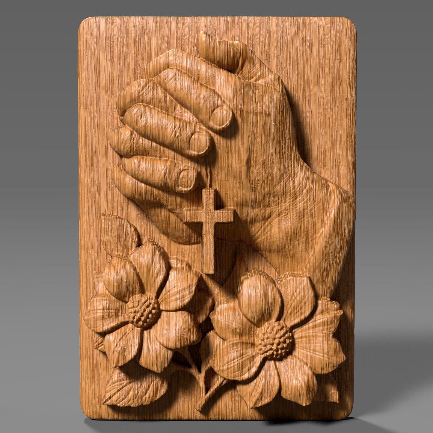 A 3D digital bas-relief sculpture of two hands clasped in prayer, holding a cross pendant, surrounded by beautifully detailed blooming flowers. The piece symbolizes faith, hope, and devotion. Designed with soft curves and natural textures, it's ideal for CNC carving, laser engraving, or 3D printing in wood, resin, or stone. Perfect for religious wall decor, Christian gifts, or memorial plaques that bring peace and inspiration to any space.
