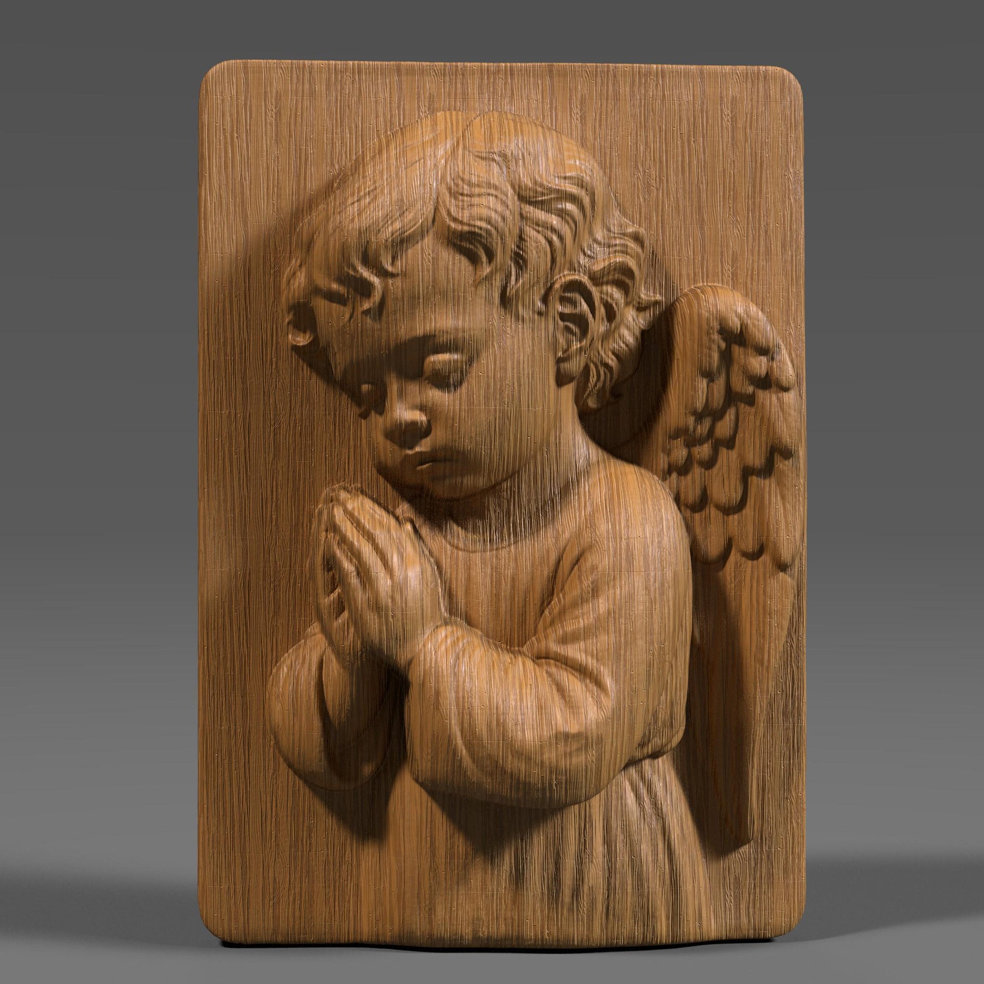 A 3D bas-relief of a praying angel child with peaceful expression, folded hands, and softly detailed wings, set on a rectangular panel. This Christian and Catholic-themed design symbolizes innocence, faith, and devotion. Perfect for CNC, laser, or 3D printing in wood or resin. Ideal for church decoration, baptism gifts, Catholic nurseries, or spiritual wall art for memorials or prayer rooms.