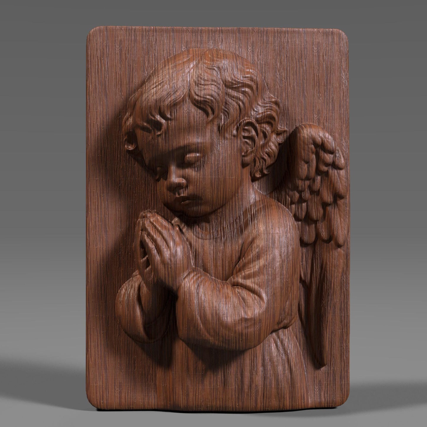 A 3D bas-relief of a praying angel child with peaceful expression, folded hands, and softly detailed wings, set on a rectangular panel. This Christian and Catholic-themed design symbolizes innocence, faith, and devotion. Perfect for CNC, laser, or 3D printing in wood or resin. Ideal for church decoration, baptism gifts, Catholic nurseries, or spiritual wall art for memorials or prayer rooms.