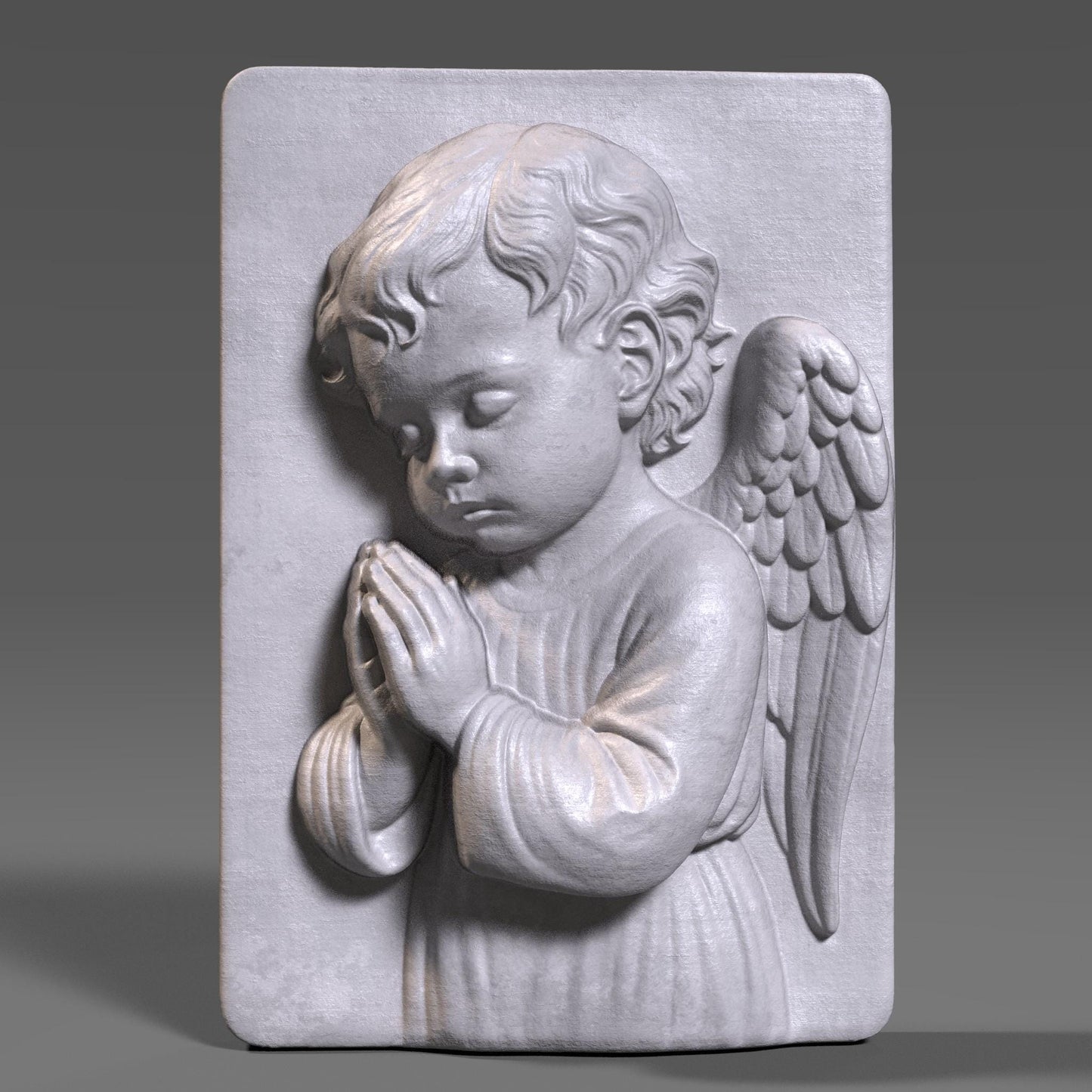 A 3D bas-relief of a praying angel child with peaceful expression, folded hands, and softly detailed wings, set on a rectangular panel. This Christian and Catholic-themed design symbolizes innocence, faith, and devotion. Perfect for CNC, laser, or 3D printing in wood or resin. Ideal for church decoration, baptism gifts, Catholic nurseries, or spiritual wall art for memorials or prayer rooms.