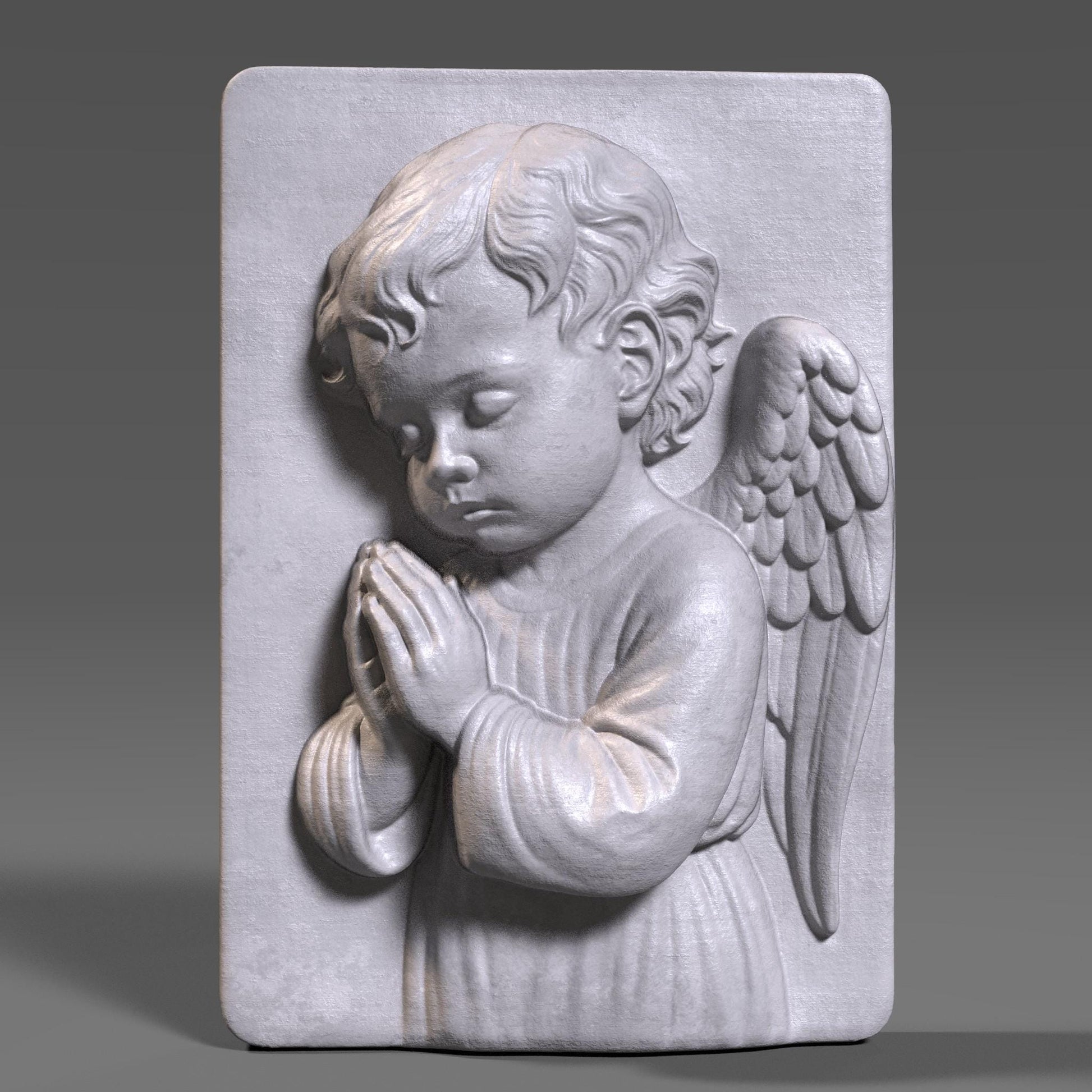 A 3D bas-relief of a praying angel child with peaceful expression, folded hands, and softly detailed wings, set on a rectangular panel. This Christian and Catholic-themed design symbolizes innocence, faith, and devotion. Perfect for CNC, laser, or 3D printing in wood or resin. Ideal for church decoration, baptism gifts, Catholic nurseries, or spiritual wall art for memorials or prayer rooms.