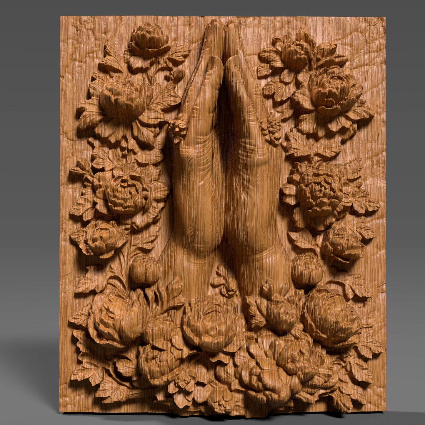 A beautiful 3D bas-relief of two hands joined in prayer, surrounded by intricate blooming flowers, symbolizing peace, devotion, and spirituality. Ideal for CNC carving, laser engraving, or 3D printing in wood, resin, or marble. This Christian and Catholic-themed panel works perfectly as prayer room wall decor, memorial art, or a meaningful gift for faith-based celebrations and religious home spaces.