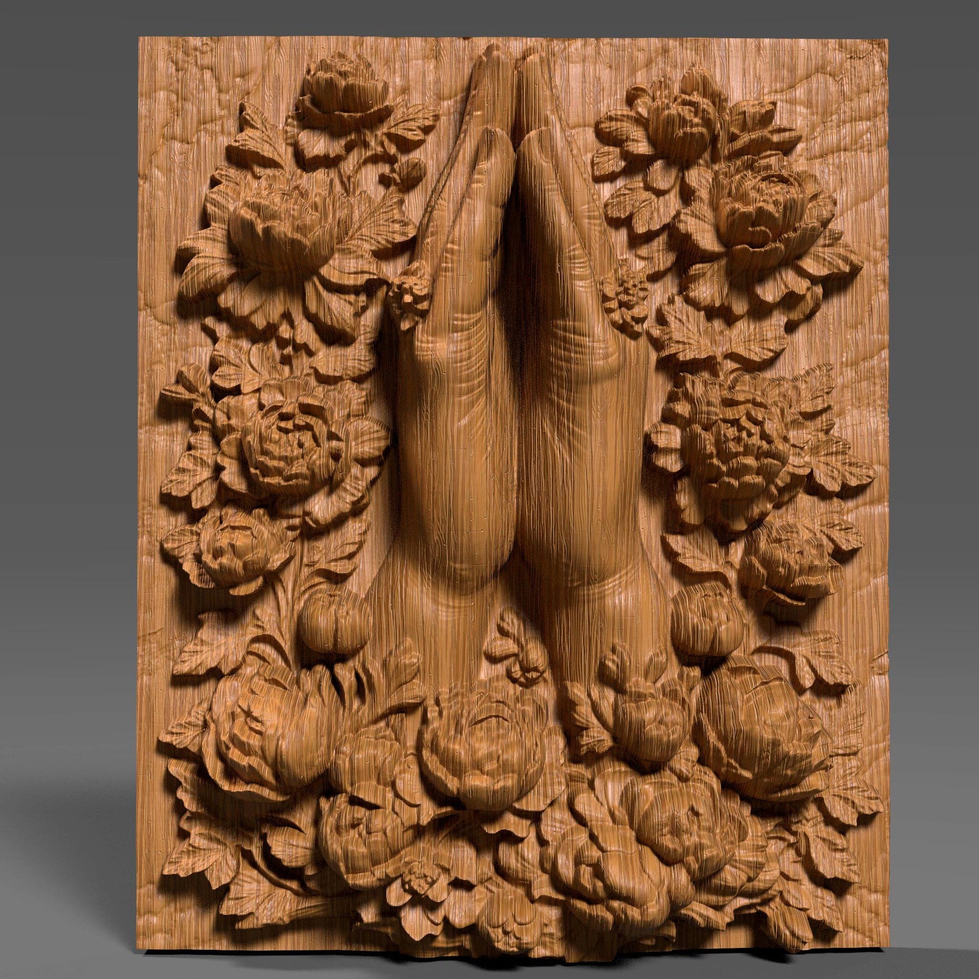 A beautiful 3D bas-relief of two hands joined in prayer, surrounded by intricate blooming flowers, symbolizing peace, devotion, and spirituality. Ideal for CNC carving, laser engraving, or 3D printing in wood, resin, or marble. This Christian and Catholic-themed panel works perfectly as prayer room wall decor, memorial art, or a meaningful gift for faith-based celebrations and religious home spaces.