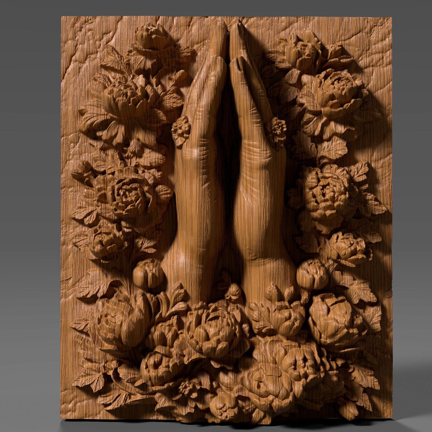 A beautiful 3D bas-relief of two hands joined in prayer, surrounded by intricate blooming flowers, symbolizing peace, devotion, and spirituality. Ideal for CNC carving, laser engraving, or 3D printing in wood, resin, or marble. This Christian and Catholic-themed panel works perfectly as prayer room wall decor, memorial art, or a meaningful gift for faith-based celebrations and religious home spaces.