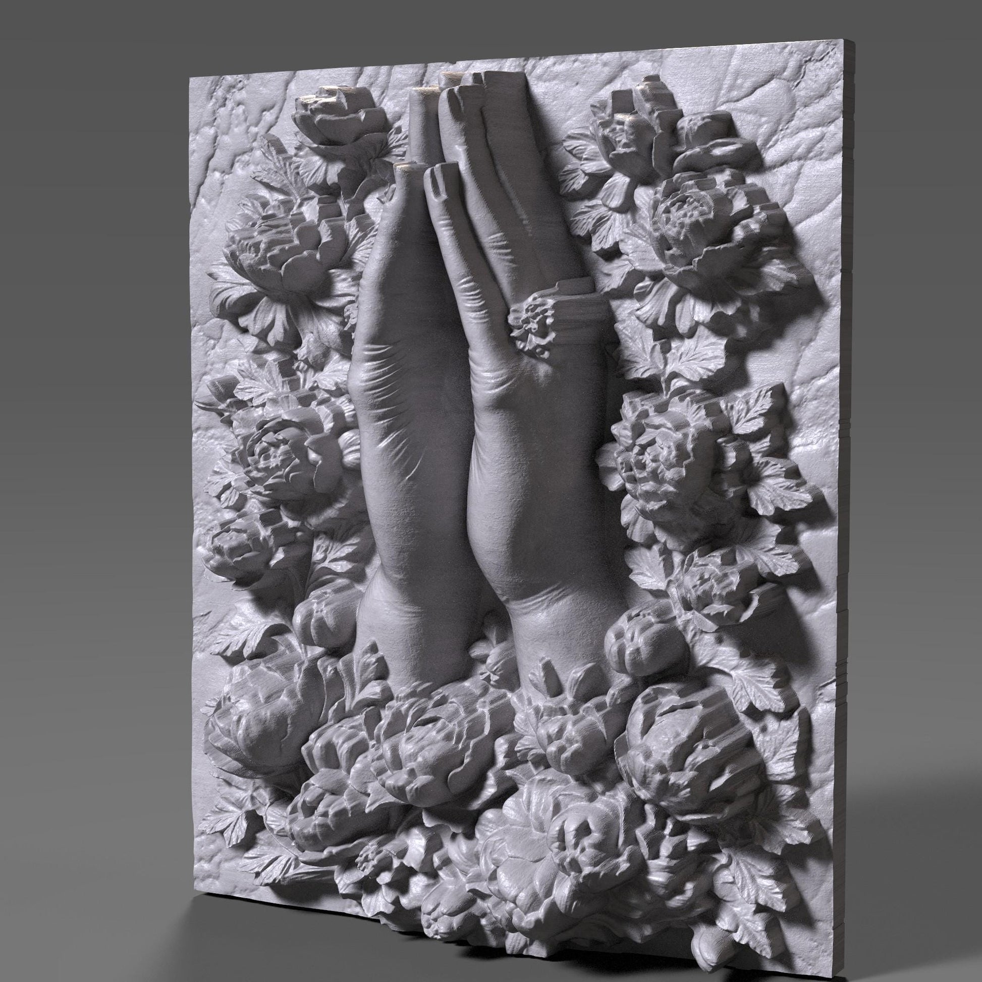 Praying Hands Floral Relief STL: Catholic Christian CNC 3D Print File