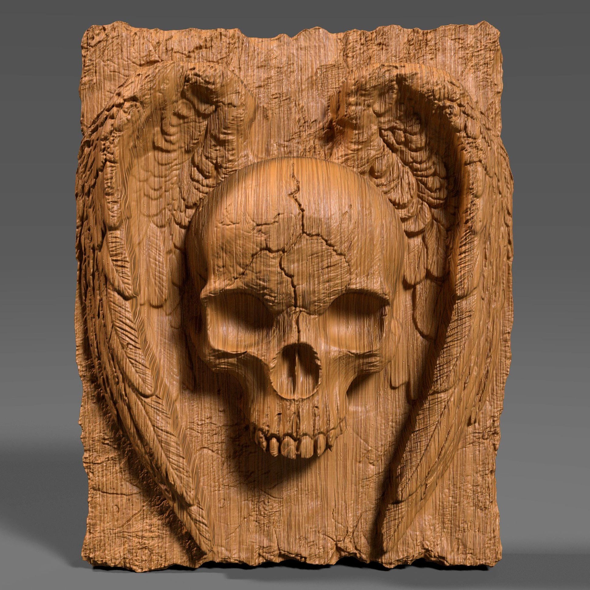 A hauntingly detailed 3D bas-relief of a cracked human skull with angel wings carved into a textured slab. The design blends gothic and spiritual elements, with realistic feathers and weathered stone details. Ideal for CNC carving, laser engraving, or 3D printing in wood, stone, or resin. Perfect for dark decor, Halloween wall panels, metal art, or gothic gifts for fans of macabre symbolism and dramatic wall accents.