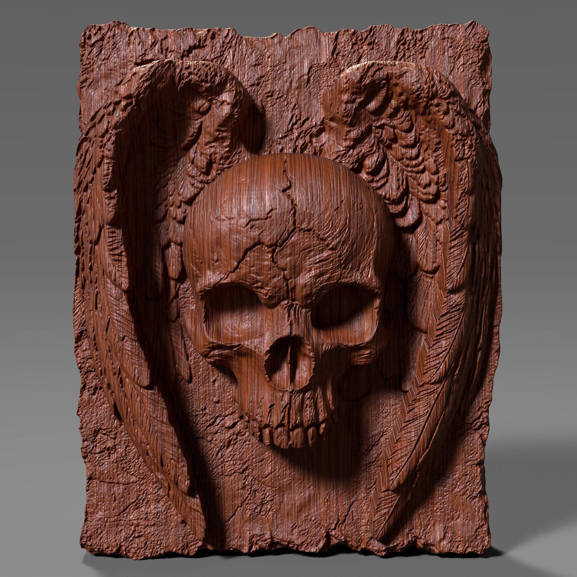 A hauntingly detailed 3D bas-relief of a cracked human skull with angel wings carved into a textured slab. The design blends gothic and spiritual elements, with realistic feathers and weathered stone details. Ideal for CNC carving, laser engraving, or 3D printing in wood, stone, or resin. Perfect for dark decor, Halloween wall panels, metal art, or gothic gifts for fans of macabre symbolism and dramatic wall accents.