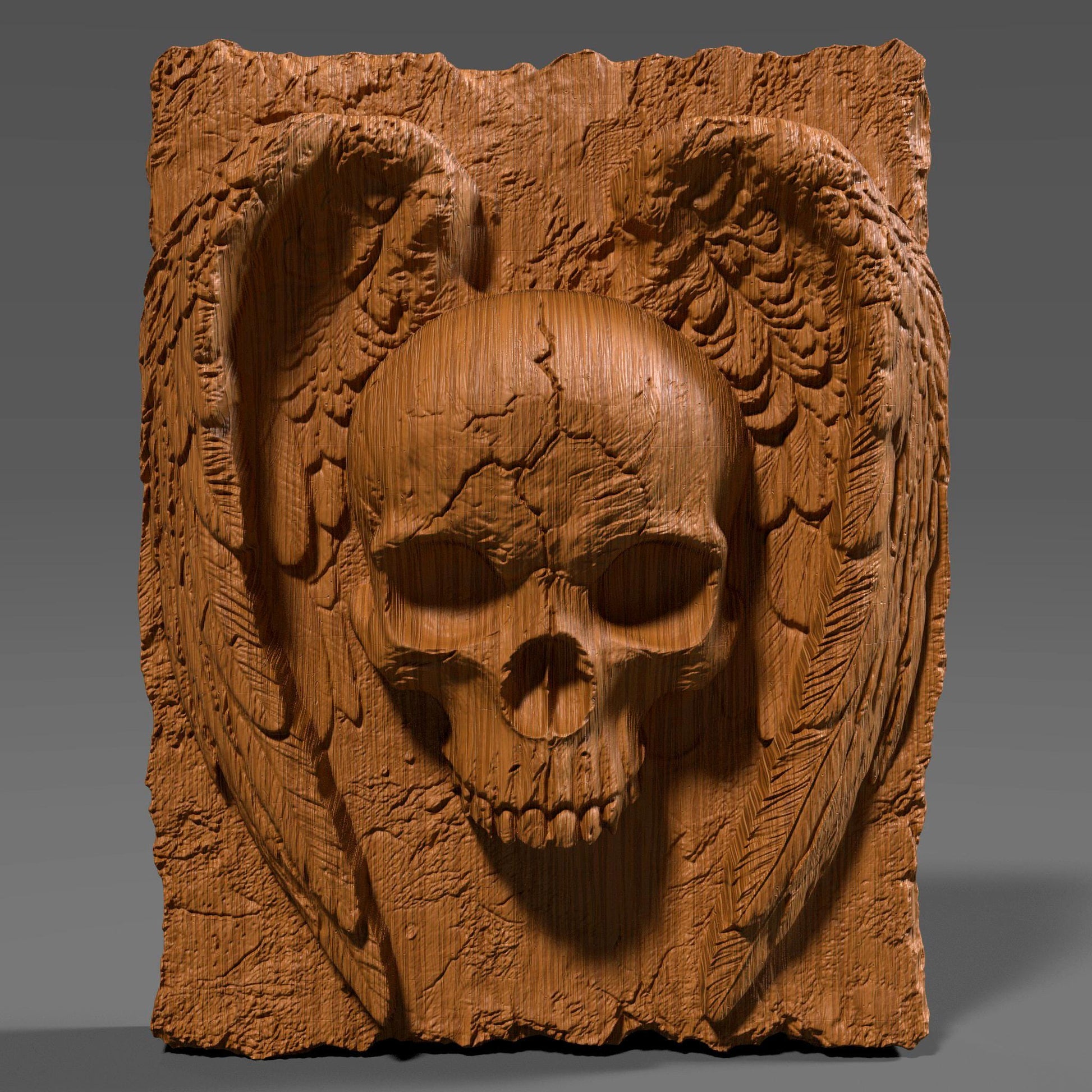 A hauntingly detailed 3D bas-relief of a cracked human skull with angel wings carved into a textured slab. The design blends gothic and spiritual elements, with realistic feathers and weathered stone details. Ideal for CNC carving, laser engraving, or 3D printing in wood, stone, or resin. Perfect for dark decor, Halloween wall panels, metal art, or gothic gifts for fans of macabre symbolism and dramatic wall accents.