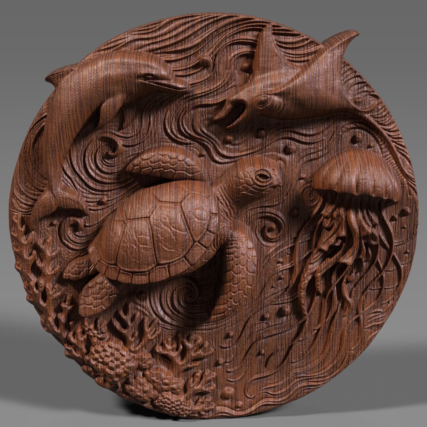 A highly detailed round 3D bas-relief of underwater ocean life featuring a sea turtle, dolphin, jellyfish, stingray, coral, and swirling currents. Perfect for summer-themed decor, beach houses, and tropical wall art. Designed for CNC carving, laser engraving, or 3D printing in wood, resin, or stone. A lively and peaceful marine scene ideal for ocean lovers, summer gifts, or coastal-inspired homes and vacation spaces.