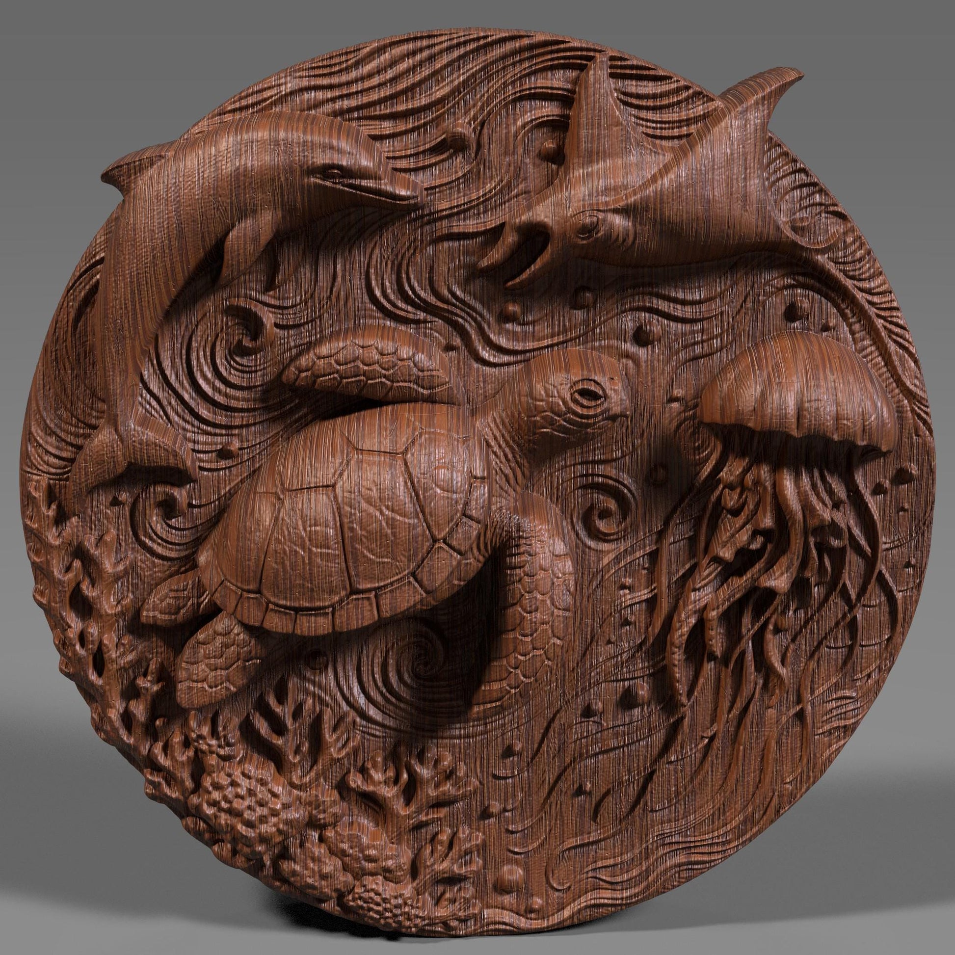 A highly detailed round 3D bas-relief of underwater ocean life featuring a sea turtle, dolphin, jellyfish, stingray, coral, and swirling currents. Perfect for summer-themed decor, beach houses, and tropical wall art. Designed for CNC carving, laser engraving, or 3D printing in wood, resin, or stone. A lively and peaceful marine scene ideal for ocean lovers, summer gifts, or coastal-inspired homes and vacation spaces.