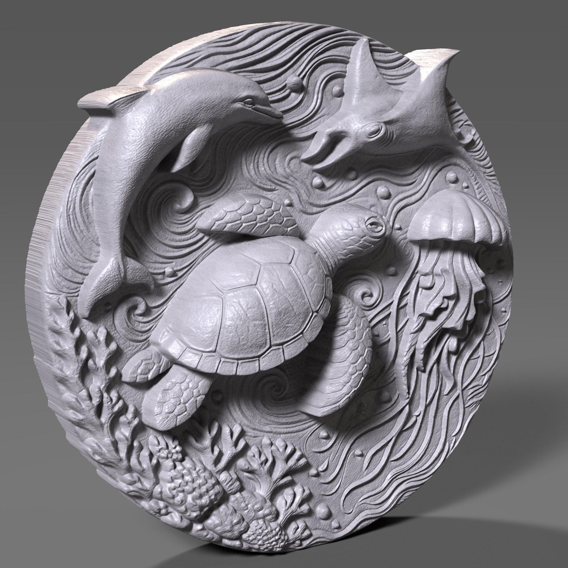 Sea Turtle Dolphin 3D Relief STL: Ocean Life CNC Laser Carving File
