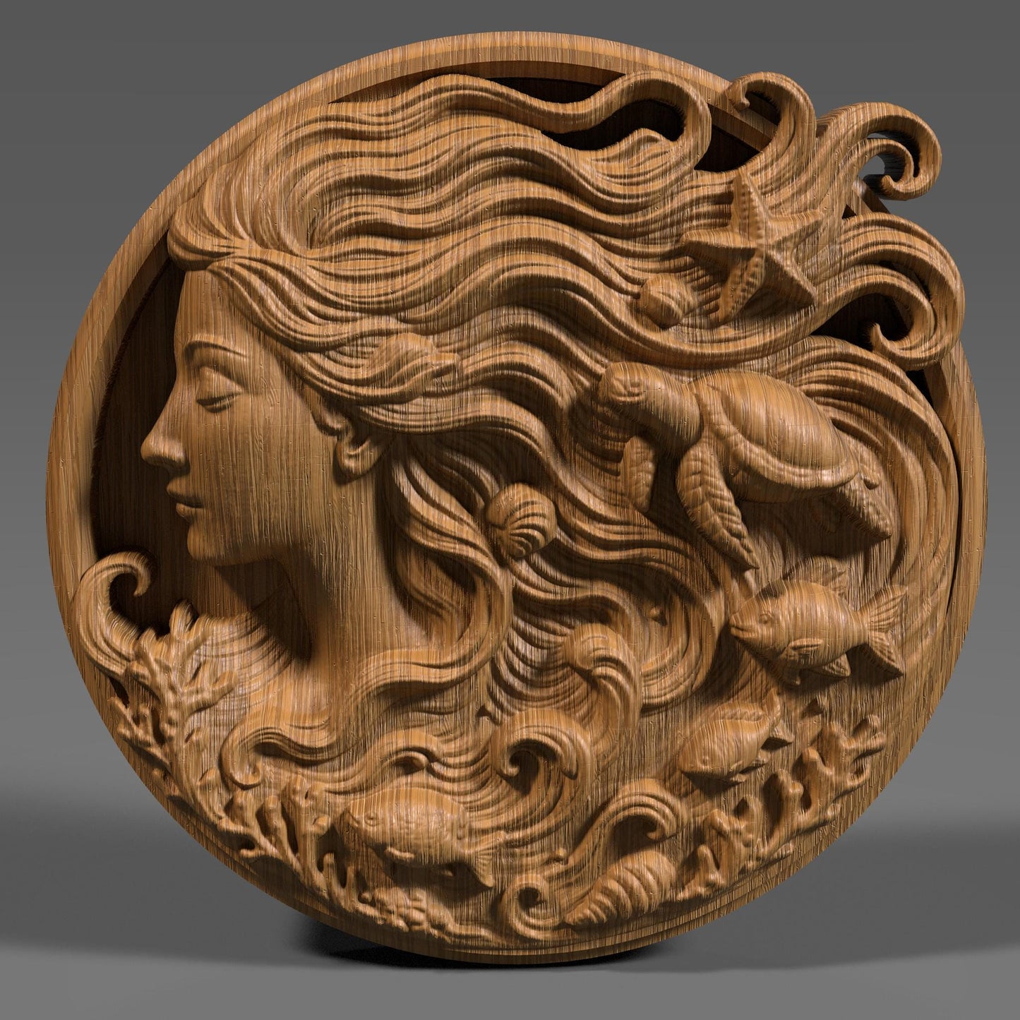 A stunning round 3D bas-relief sculpture of an ocean goddess with flowing hair that transforms into sea waves, filled with marine life like turtles, fish, starfish, shells, and coral. The design blends elegance, myth, and nature — perfect for summer décor, coastal homes, or tropical-themed spaces. Ideal for CNC carving, laser engraving, or 3D printing in wood, resin, or marble for beach lovers or mermaid art collectors.