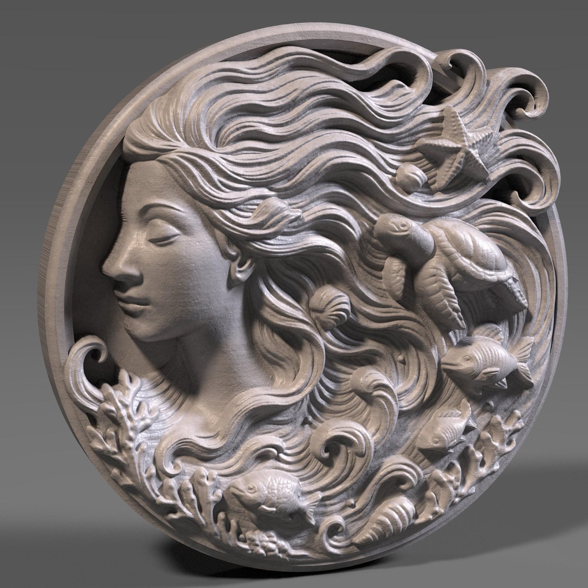 Ocean Goddess 3D Relief STL File: Mermaid, Sea Life CNC Laser Embossing