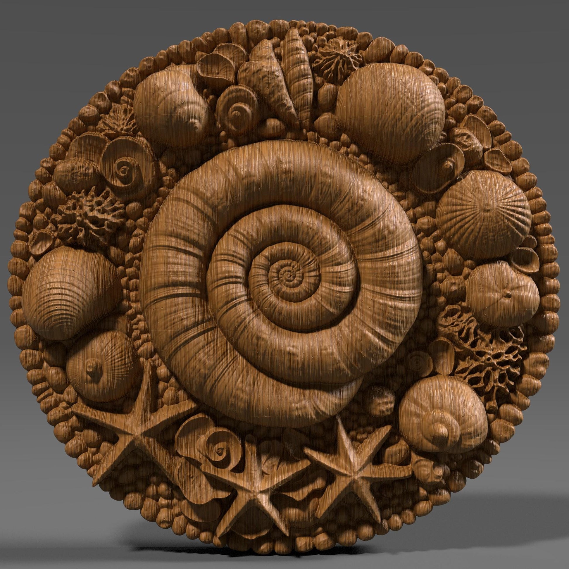 A round 3D bas-relief mandala featuring a spiral seashell at the center surrounded by starfish, coral, and a wide variety of seashells and pebbles. The carving evokes the serenity and richness of the ocean, ideal for beach-themed or summer-inspired decor. Perfect for CNC carving, laser engraving, or 3D printing in wood, resin, or stone. Great for coastal homes, sea lovers, spa walls, or nautical gift panels.
