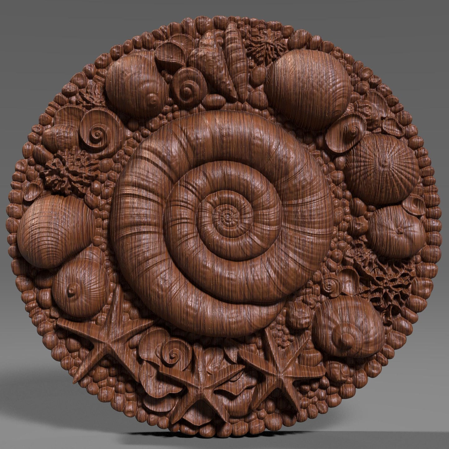 A round 3D bas-relief mandala featuring a spiral seashell at the center surrounded by starfish, coral, and a wide variety of seashells and pebbles. The carving evokes the serenity and richness of the ocean, ideal for beach-themed or summer-inspired decor. Perfect for CNC carving, laser engraving, or 3D printing in wood, resin, or stone. Great for coastal homes, sea lovers, spa walls, or nautical gift panels.