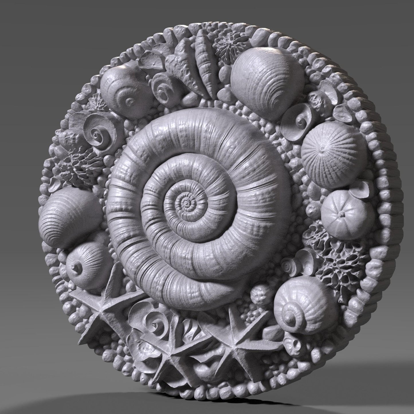 A round 3D bas-relief mandala featuring a spiral seashell at the center surrounded by starfish, coral, and a wide variety of seashells and pebbles. The carving evokes the serenity and richness of the ocean, ideal for beach-themed or summer-inspired decor. Perfect for CNC carving, laser engraving, or 3D printing in wood, resin, or stone. Great for coastal homes, sea lovers, spa walls, or nautical gift panels.