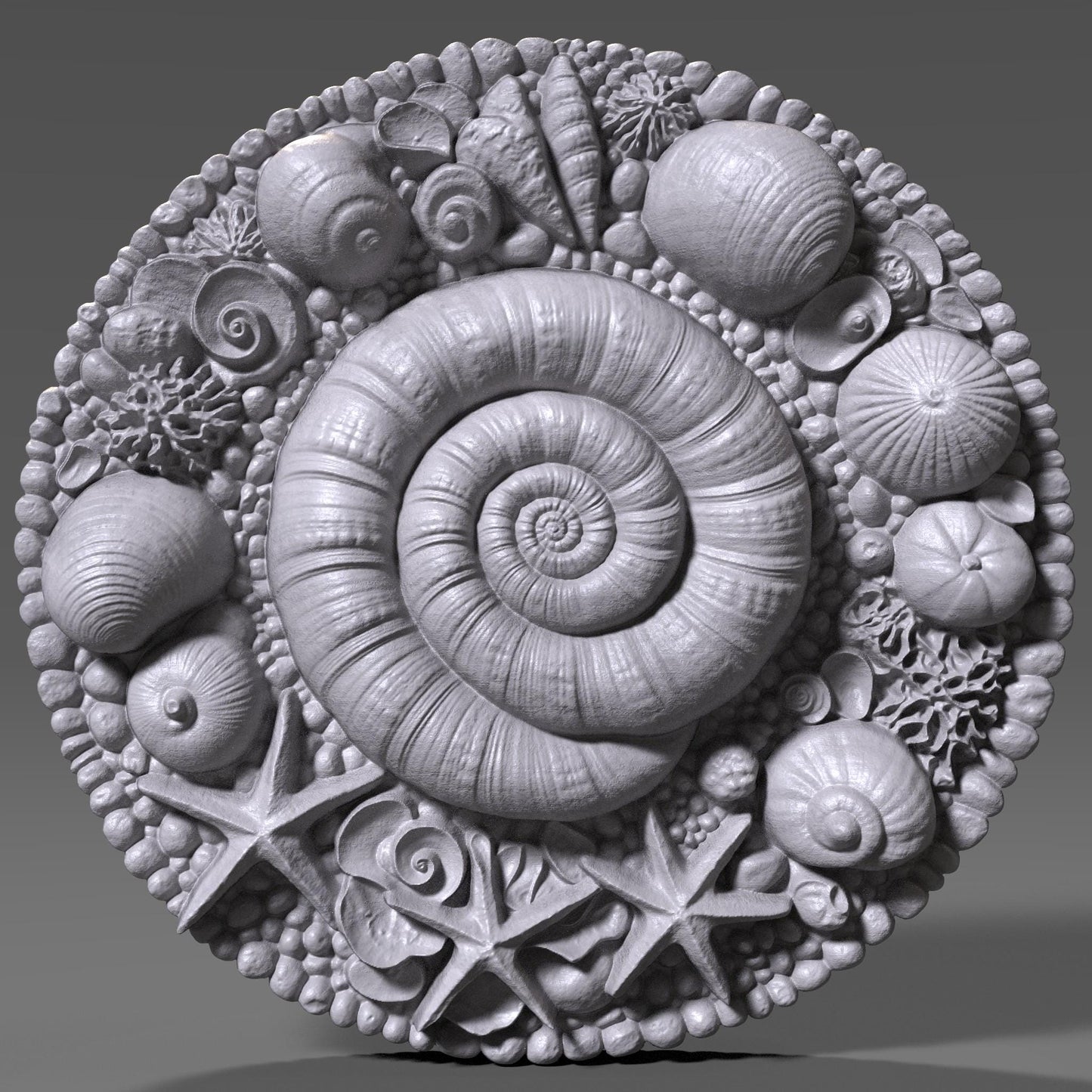 A round 3D bas-relief mandala featuring a spiral seashell at the center surrounded by starfish, coral, and a wide variety of seashells and pebbles. The carving evokes the serenity and richness of the ocean, ideal for beach-themed or summer-inspired decor. Perfect for CNC carving, laser engraving, or 3D printing in wood, resin, or stone. Great for coastal homes, sea lovers, spa walls, or nautical gift panels.