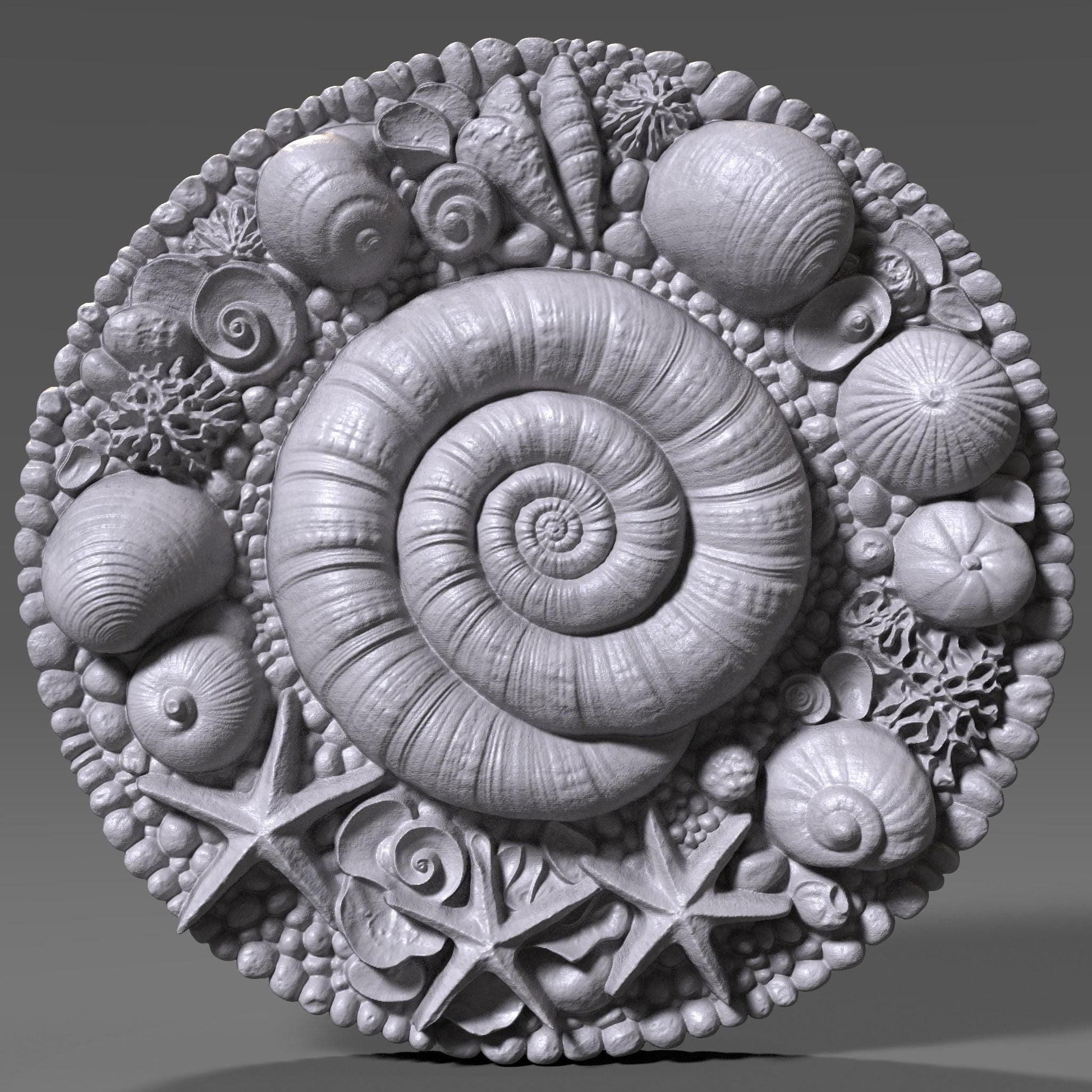 A round 3D bas-relief mandala featuring a spiral seashell at the center surrounded by starfish, coral, and a wide variety of seashells and pebbles. The carving evokes the serenity and richness of the ocean, ideal for beach-themed or summer-inspired decor. Perfect for CNC carving, laser engraving, or 3D printing in wood, resin, or stone. Great for coastal homes, sea lovers, spa walls, or nautical gift panels.