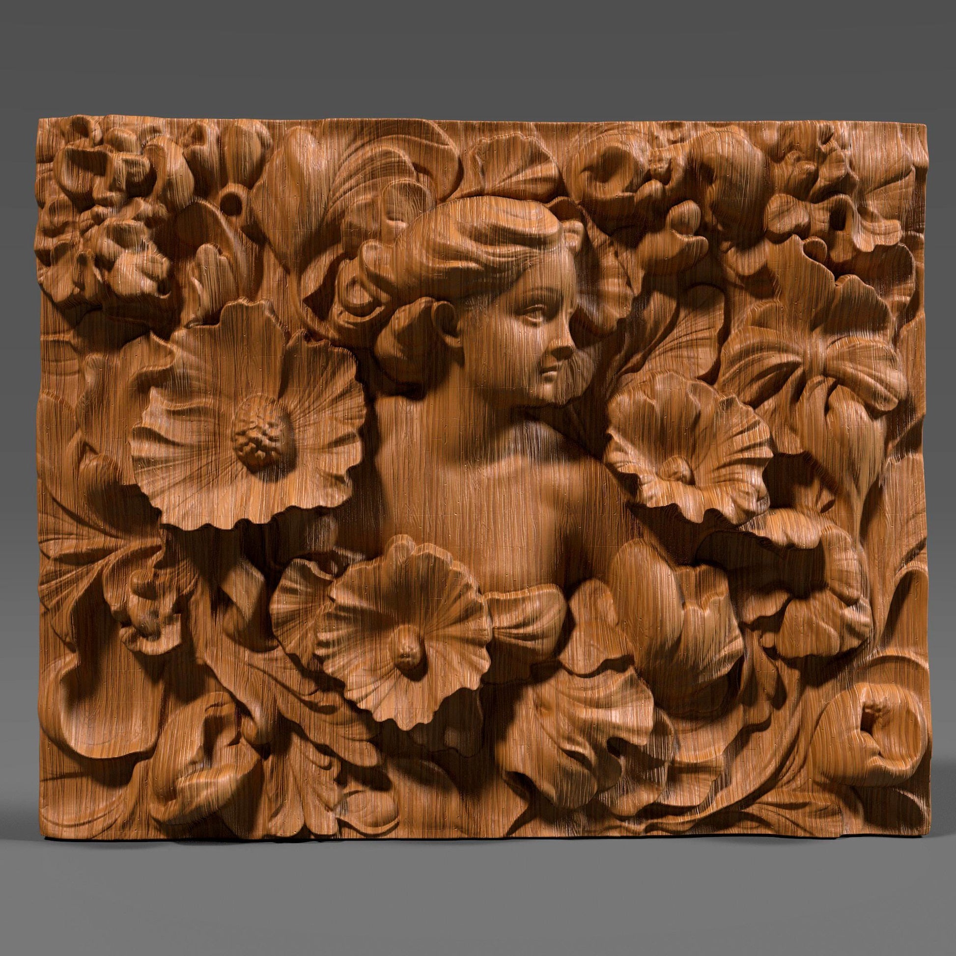 A detailed 3D bas-relief sculpture featuring a serene woman surrounded by large, blooming flowers and swirling leaves. Her soft expression and flowing hair blend into the ornate floral arrangement, capturing an Art Nouveau aesthetic. The wood texture adds a natural warmth and elegance to the piece. Perfect for CNC carving, laser engraving, or 3D printing, this design is ideal for wall panels, art decor, or personalized gifts.