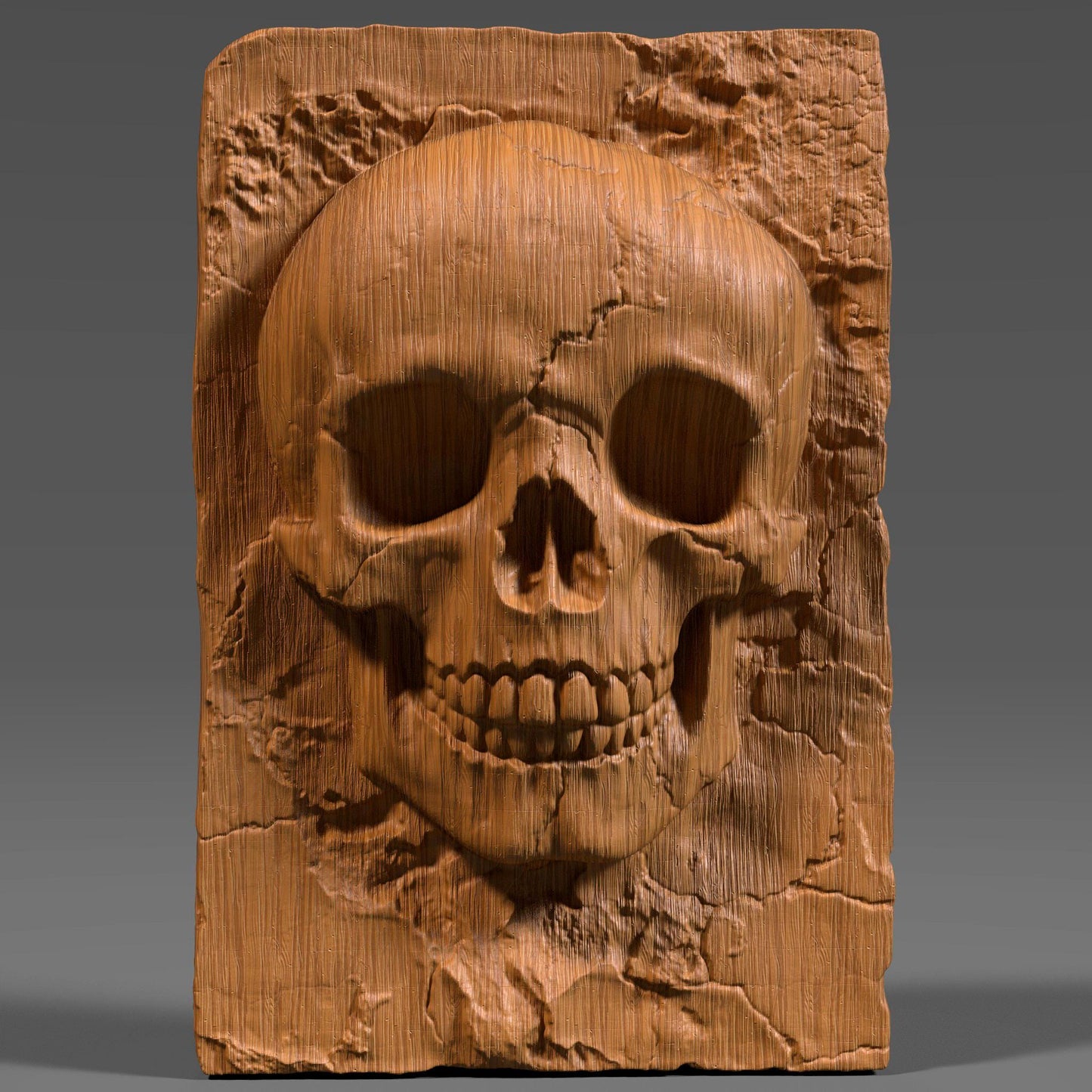 A highly detailed 3D bas-relief carving of a human skull sculpted into a cracked stone or wood-textured slab. Ideal for CNC carving, laser engraving, or 3D printing. The model captures intricate anatomical details, surface cracks, and natural wear, giving it a gothic, macabre aesthetic. Perfect for gothic decor, tattoo studio walls, Halloween props, or dark art collections. Shown in both raw wood and aged ivory textures for realistic previews.