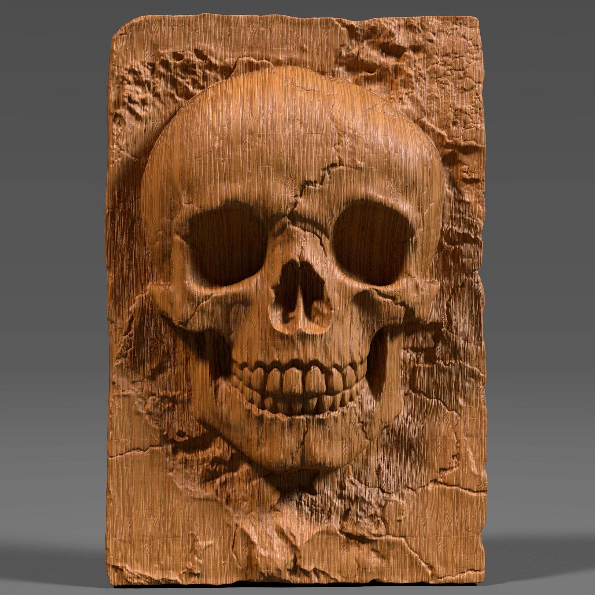 A highly detailed 3D bas-relief carving of a human skull sculpted into a cracked stone or wood-textured slab. Ideal for CNC carving, laser engraving, or 3D printing. The model captures intricate anatomical details, surface cracks, and natural wear, giving it a gothic, macabre aesthetic. Perfect for gothic decor, tattoo studio walls, Halloween props, or dark art collections. Shown in both raw wood and aged ivory textures for realistic previews.